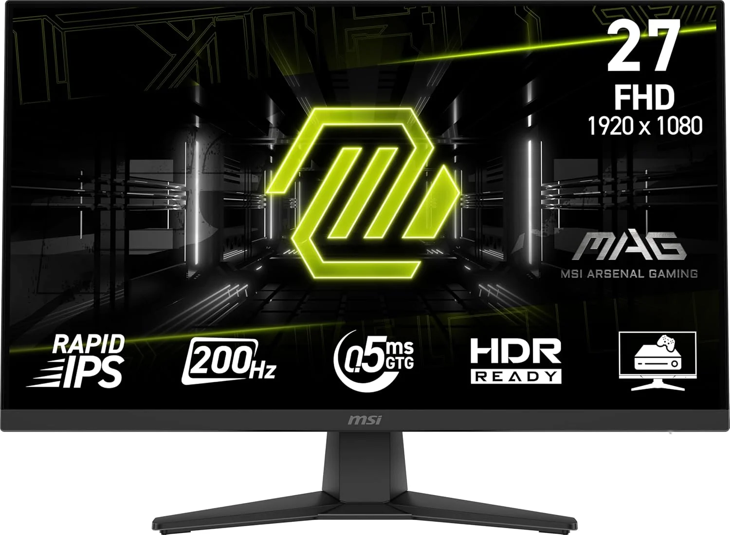 مانیتور گیمینگ و اداری 27 اینچی MSI MAG 272F با رزولوشن 1920x1080 (FHD)، نرخ تازه‌سازی 200 هرتز، Adaptive Sync، HDR Ready، دارای پورت HDMI و VGA، قابلیت نصب VESA، قابلیت تنظیم شیب، حاشیه باریک 4 طرفه، زمان پاسخگویی 0.5 میلی‌ثانیه، مشکی