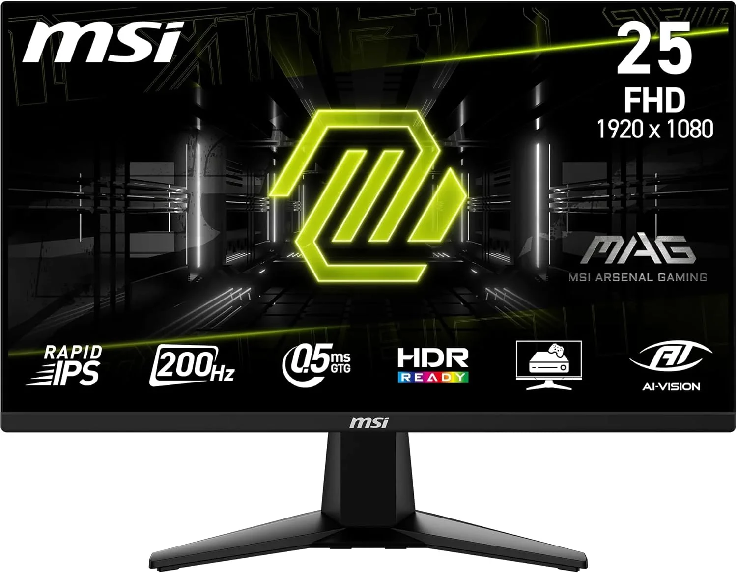 مانیتور گیمینگ 24.5 اینچی MSI MAG 255F E20 با کیفیت FHD 1920x1080 - نرخ بروزرسانی 200 هرتز، زمان پاسخگویی 0.5 میلی‌ثانیه، HDR Ready، AMD FreeSync Premium، محافظت از چشم، AI Vision، HDMI 2.0b، DP 1.2a، طراحی بدون حاشیه، قابلیت تنظیم شیب، قابلیت نصب Vesa، مشکی