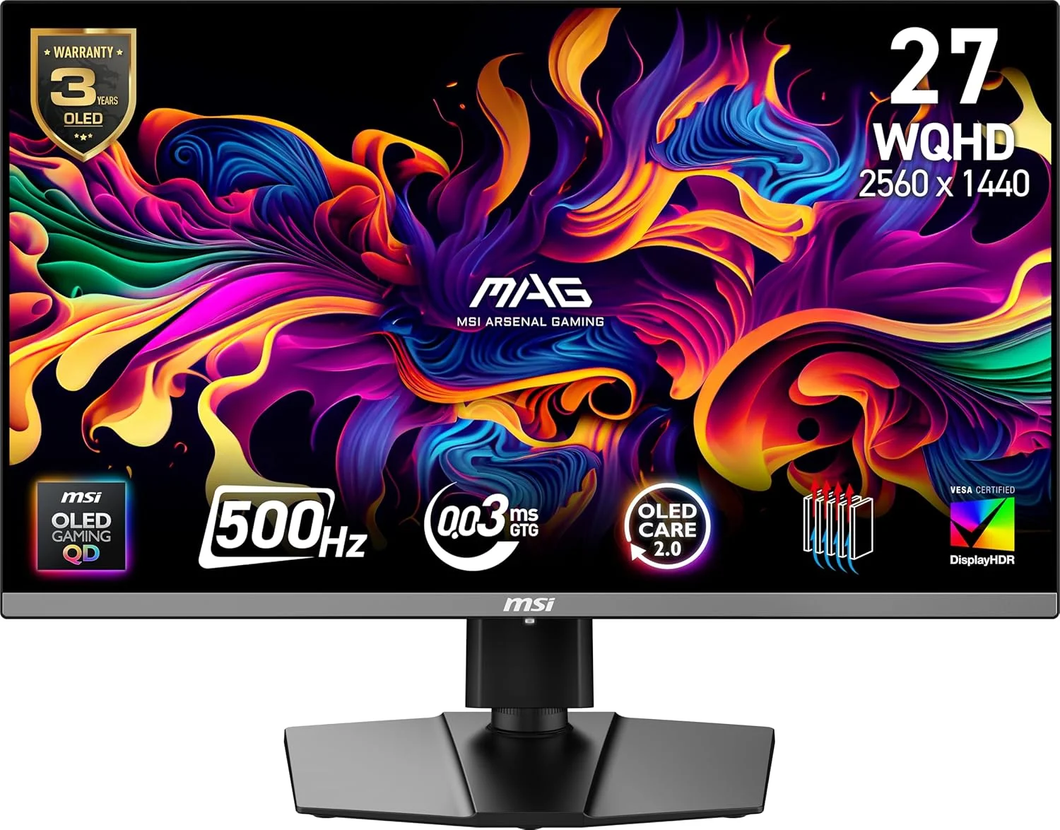 مانیتور گیمینگ 27 اینچی MSI MAG 272QP QD-OLED X50 – نرخ نوسازی 500 هرتز، زمان پاسخگویی 0.03 میلی‌ثانیه، HDR True Black 500، Adaptive Sync، USB-C، HDMI 2.1