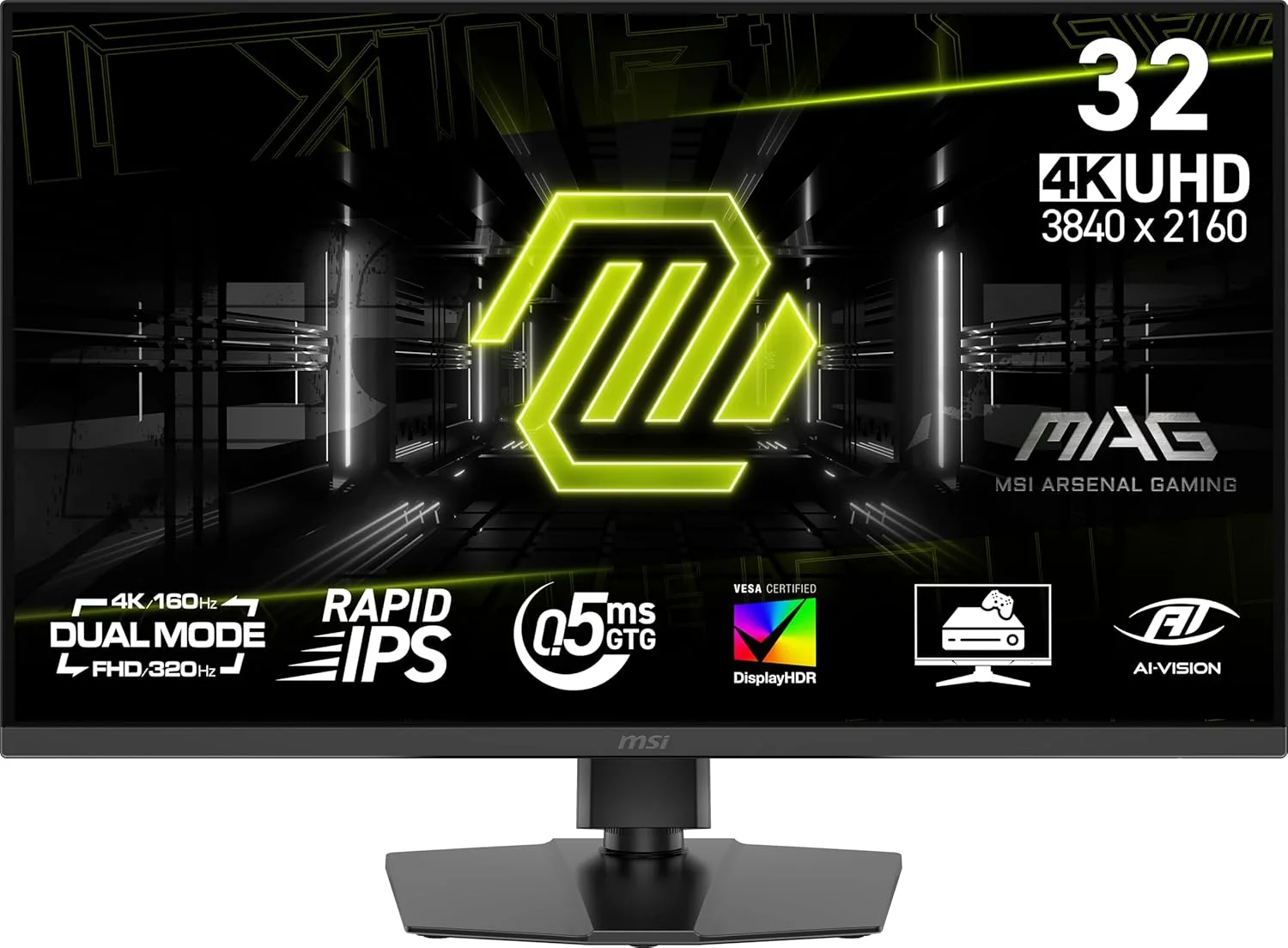 مانیتور گیمینگ 32 اینچی MSI MAG 322URDF E16 با رزولوشن 3840x2160 (UHD)، نرخ نوسازی 320 هرتز، Adaptive-Sync، پورت HDMI، DisplayPort، قابلیت نصب VESA، قابلیت تنظیم شیب و ارتفاع، بلندگو، زمان پاسخگویی 0.05 میلی‌ثانیه، مشکی
