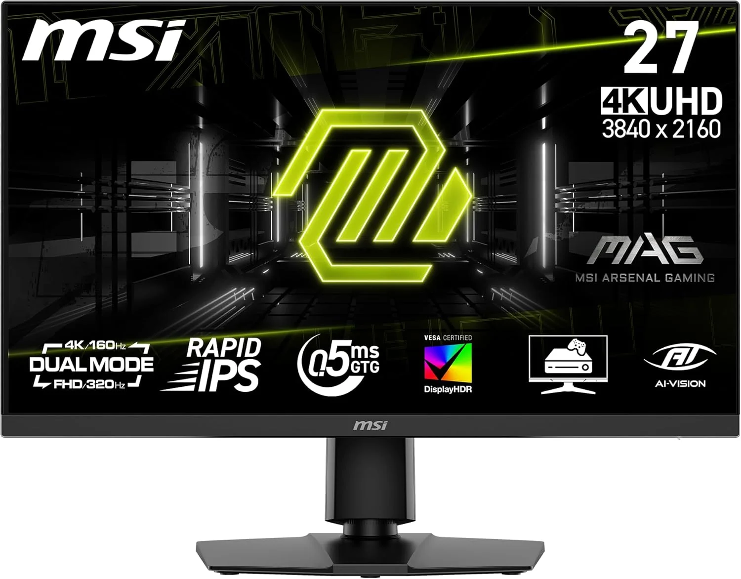 مانیتور گیمینگ و اداری 27 اینچی MSI MAG 272URDF E16 با رزولوشن 3840x2160 (UHD)، نرخ تازه‌سازی 160 هرتز، Adaptive-Synch، HDR Ready، پورت HDMI، پورت VGA، قابلیت نصب VESA، قابلیت تنظیم شیب، حاشیه باریک 4 طرفه، 0.5 میلی‌ثانیه، مشکی