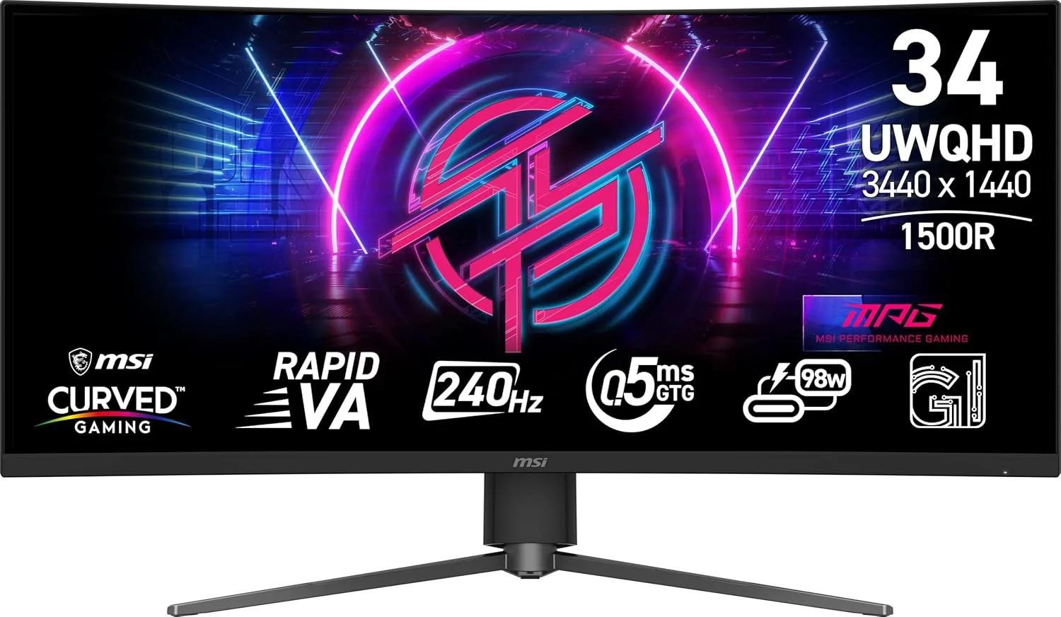 مانیتور گیمینگ 34 اینچی MSI MPG 346CQRF X24 با رزولوشن 3440x1440 (UWQHD)، نرخ نوسازی 240 هرتز، Adaptive-Synch، HDR Ready، پورت HDMI، پورت VGA، قابلیت نصب VESA، قابلیت تنظیم شیب، حاشیه باریک 4 طرفه، زمان پاسخگویی 0.5 میلی‌ثانیه، مشکی