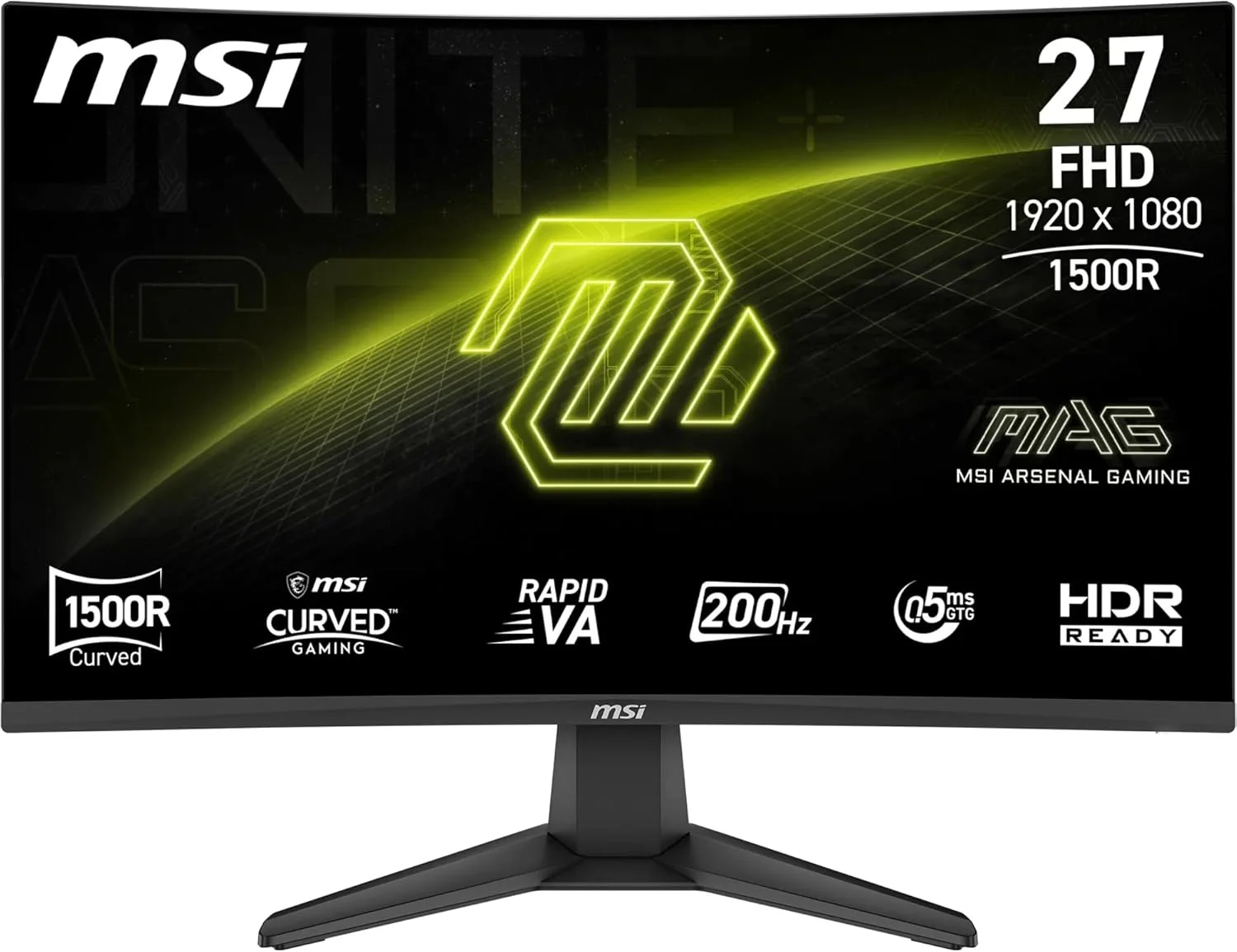 مانیتور گیمینگ خمیده 27 اینچی MSI MAG 276CF E20 - Rapid VA با رزولوشن 1920x1080، انحنای 1500R، نرخ نوسازی 200 هرتز، زمان پاسخگویی 0.5 میلی‌ثانیه، HDR Ready، HDMI 2.0b، DP 1.2a، بدون حاشیه، قابلیت تنظیم شیب، سازگار با VESA، مشکی