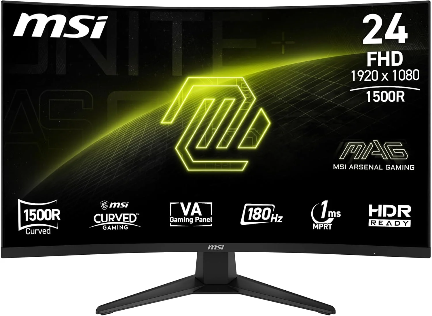 مانیتور گیمینگ خمیده 24 اینچی MSI MAG 244C - پنل VA با رزولوشن 1920x1080 FHD، انحنای 1500R، زمان پاسخگویی 1 میلی‌ثانیه، Adaptive Sync - دارای پورت‌های DP 1.2a و HDMI 2.0b CEC