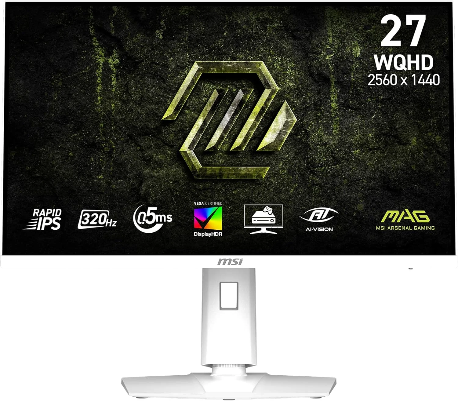 مانیتور گیمینگ 27 اینچی MSI MAG 274QRFW X32 با رزولوشن 2560x1440 (QHD)، نرخ نوسازی 320 هرتز، Adaptive-Sync، پشتیبانی از HDR، پورت HDMI، پورت VGA، قابلیت نصب VESA، قابلیت تنظیم شیب، حاشیه باریک 4 طرفه، زمان پاسخگویی 0.5 میلی‌ثانیه، سفید