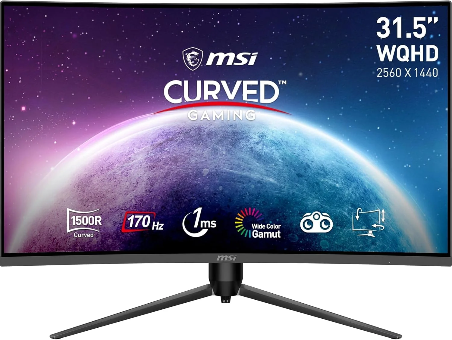 مانیتور گیمینگ خمیده MSI G32CQ5P سایز 31.5 اینچ 2K WQHD - پنل VA با رزولوشن 2560 x 1440، نرخ تازه‌سازی 170 هرتز / زمان پاسخگویی 1 میلی‌ثانیه، Adaptive Sync، قابلیت تنظیم 3 جهته - DP 1.2a, HDMI 2.0b CEC