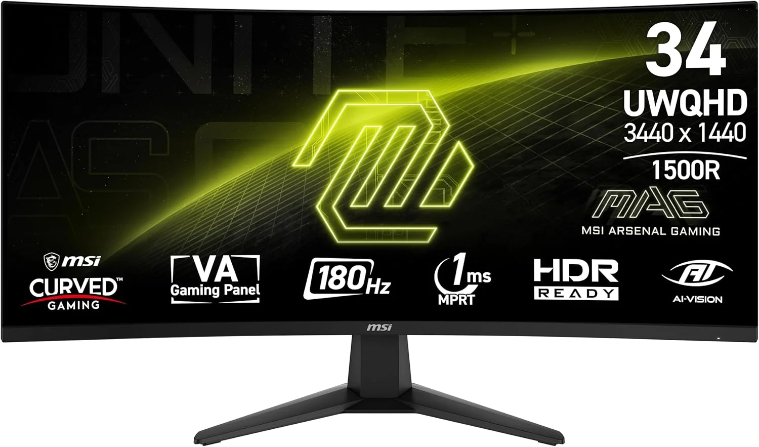 مانیتور گیمینگ 34 اینچی MSI MAG 346CQ با رزولوشن 3440x1440 (UWQHD)، نرخ بروزرسانی 180 هرتز، Adaptive-Synch، پورت HDMI، DisplayPort، قابلیت نصب VESA، قابلیت تنظیم ارتفاع و شیب، بلندگو، 1 میلی ثانیه، مشکی