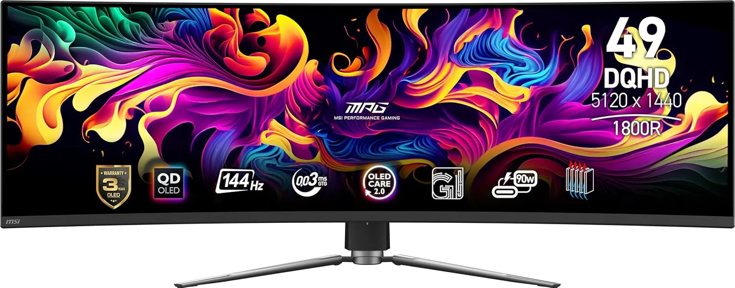 مانیتور گیمینگ خمیده اولد 49 اینچی MSI MPG 491CQP QD-OLED، رزولوشن 5120 x 1440 (DQHD)، زمان پاسخگویی 0.03 میلی‌ثانیه، نرخ تازه‌سازی 144 هرتز، True Black HDR 400، دارای پورت HDMI، پورت DP، USB Type C، قابلیت تنظیم شیب و ارتفاع