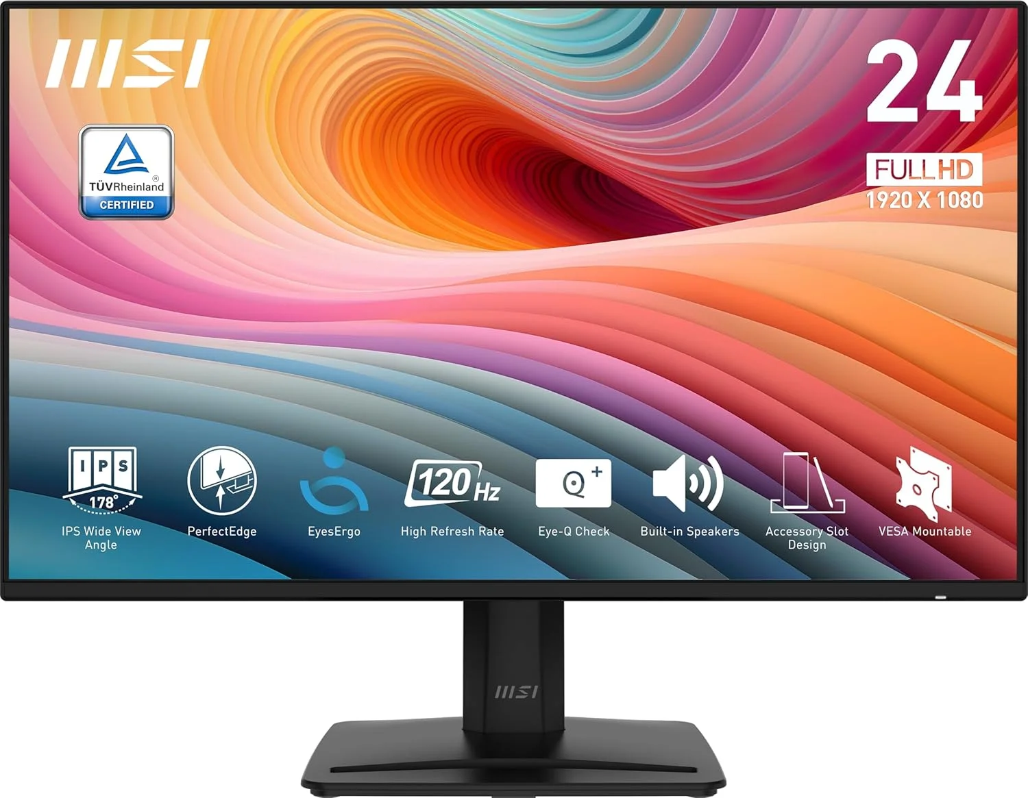 مانیتور 24 اینچی IPS ام اس آی PRO MP242A E2، رزولوشن 1920x1080 (FHD)، نرخ نوسازی 120 هرتز، Adaptive-Synch، HDR Ready، دارای پورت HDMI، پورت VGA، Display Port، قابلیت نصب VESA، قابلیت تنظیم زاویه، دارای بلندگو، حاشیه باریک 4 طرفه، زمان پاسخگویی 1 میلی ثانیه، مشکی