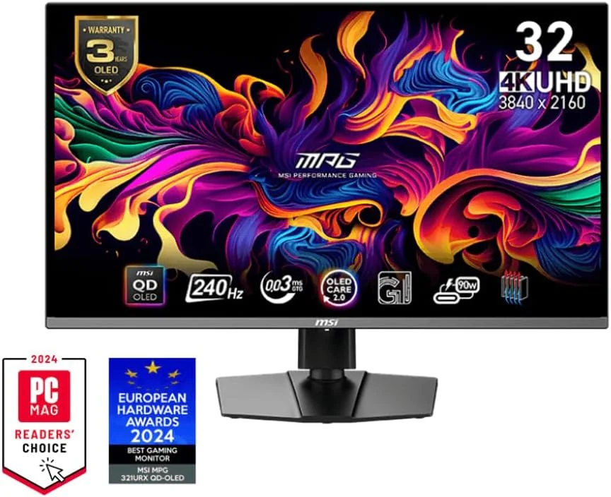 مانیتور گیمینگ MSI MPG 321URX QD-OLED: سایز 31.5 اینچ، رزولوشن 3840x2160 (UHD)، نرخ تازه‌سازی 240 هرتز، زمان پاسخگویی 0.03 میلی‌ثانیه، سطح ضد انعکاس، نصب VESA با ابعاد 100x100 میلی‌متر، سازگار با G-Sync - مشکی