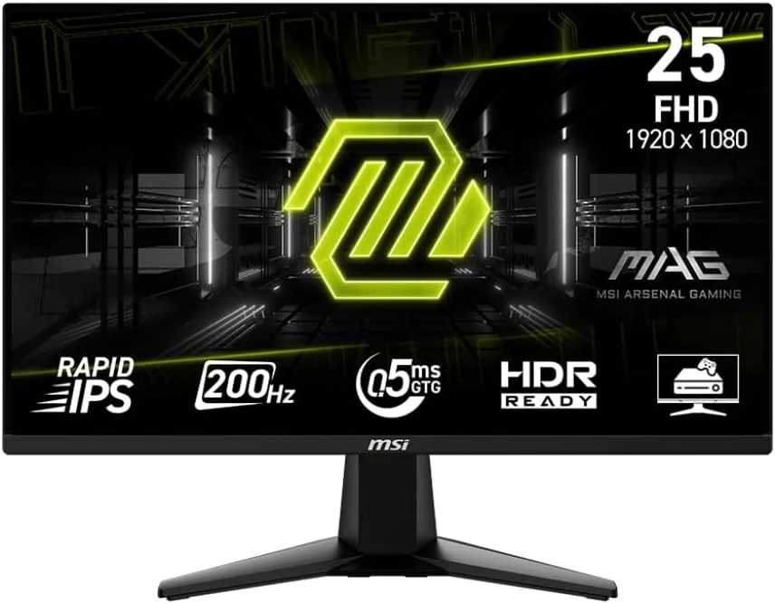 مانیتور گیمینگ 25 اینچی MSI MAG 255F E20 با رزولوشن 1920x1080 (FHD)، نرخ بروزرسانی 200 هرتز، Adaptive-Sync، پورت HDMI، DisplayPort، قابلیت نصب VESA، قابلیت تنظیم ارتفاع و زاویه، بلندگو، 0.5 میلی‌ثانیه، مشکی