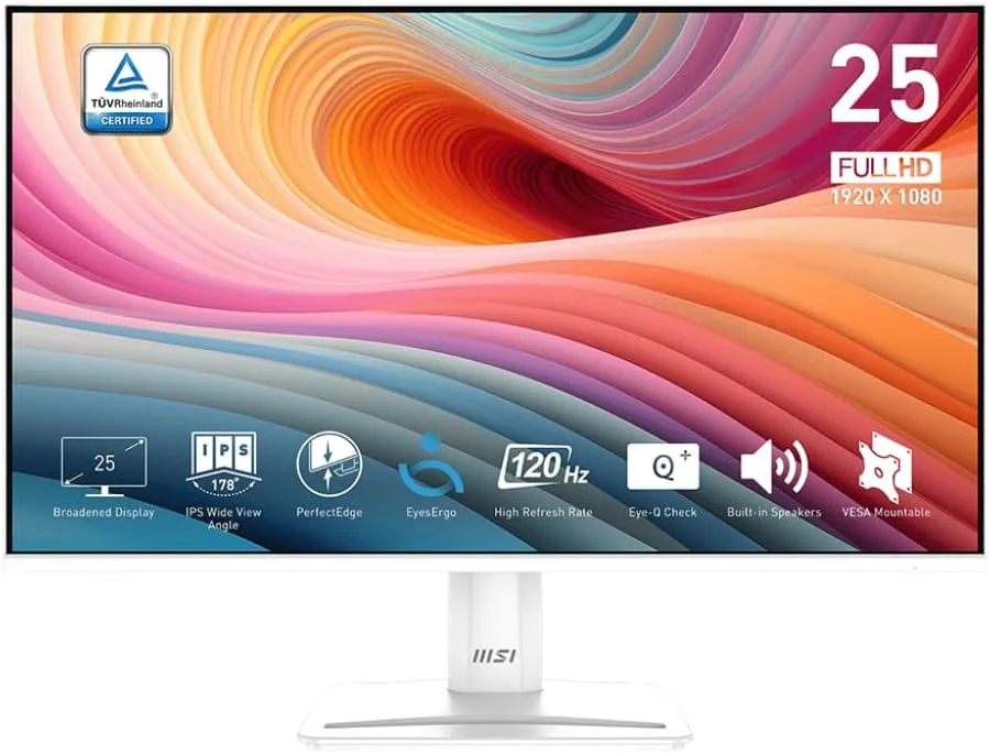 مانیتور 24.5 اینچی MSI PRO MP251W E2 IPS با رزولوشن 1920x1080 (FHD)، نرخ نوسازی 120 هرتز، Adaptive-Synch، HDR Ready، دارای پورت HDMI، پورت VGA، پورت Display، قابلیت نصب VESA، قابلیت تنظیم شیب، بلندگو، حاشیه باریک 4 طرفه، زمان پاسخگویی 1 میلی‌ثانیه، سفید
