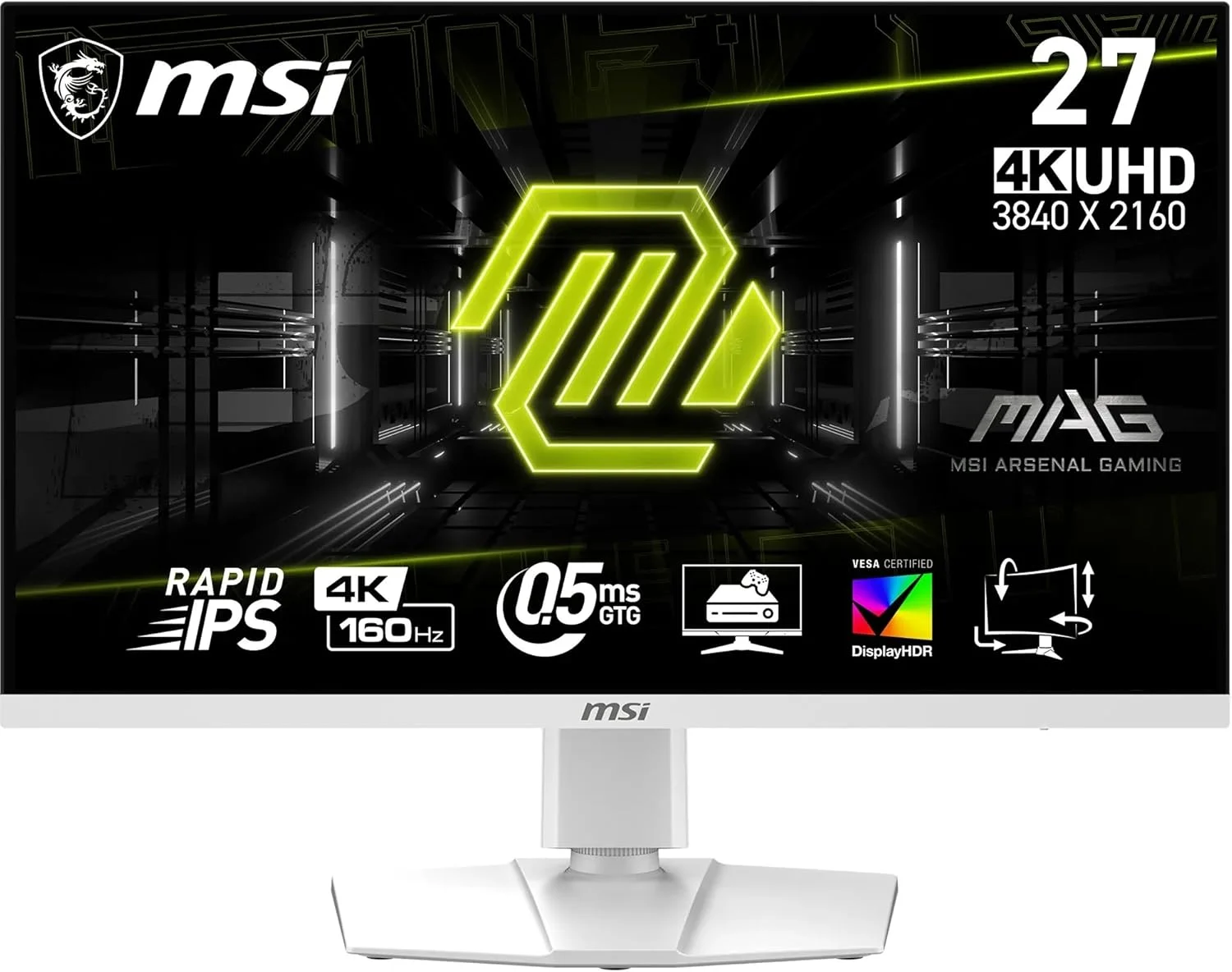 مانیتور گیمینگ ال ای دی MSI MAG 274URFWde - 68.6 سانتی متر (27 اینچ) - 3840 x 2160 4K UHD (2160p) @ 160 هرتز - Fast IPS - 400 cd/m² - 1000:1 - DisplayHDR 400 - 0.5 ms - 2xHDMI, DisplayPort, USB-C - سفید
