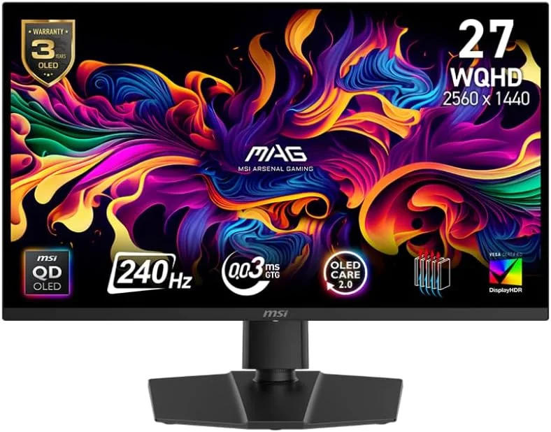 مانیتور گیمینگ 27 اینچی MSI MAG 271QP QD-OLED X24، رزولوشن 2560x1440 (QHD)، نرخ نوسازی 240 هرتز، Adaptive-Sync، پورت HDMI، DisplayPort، قابلیت نصب VESA، قابلیت تنظیم ارتفاع و شیب، بلندگو، 0.03 میلی‌ثانیه، مشکی