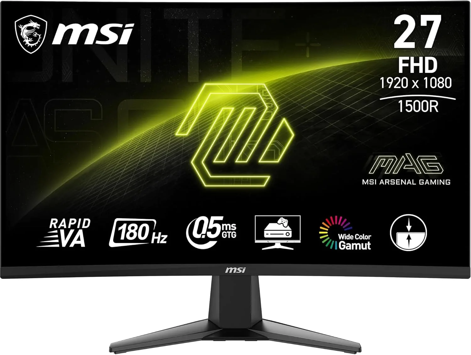 مانیتور گیمینگ خمیده 27 اینچی MSI MAG 27C6F FHD - پنل Rapid VA با انحنای 1500R، رزولوشن 1920x1080، نرخ نوسازی 180 هرتز / زمان پاسخگویی 0.5 میلی‌ثانیه (GtG, Min.)، Adaptive-Sync - DP 1.2a, HDMI CEC