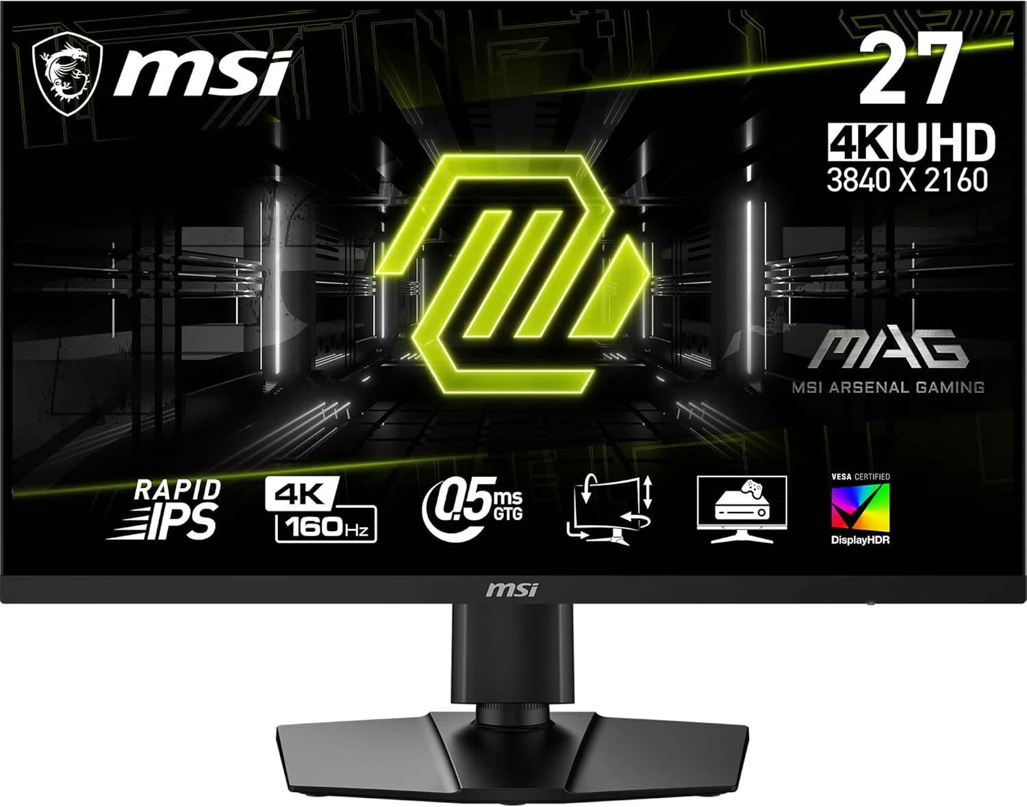 مانیتور گیمینگ ام اس آی MAG274UPF E2، ۲۷ اینچ 3840x2160 (UHD) 4K Rapid IPS، ۱ میلی‌ثانیه، ۱۶۰ هرتز، FreeSync Premium، HDR400، سازگار با G-Sync، HDMI، DisplayPort، قابلیت تنظیم شیب، چرخش، محور و ارتفاع، مشکی