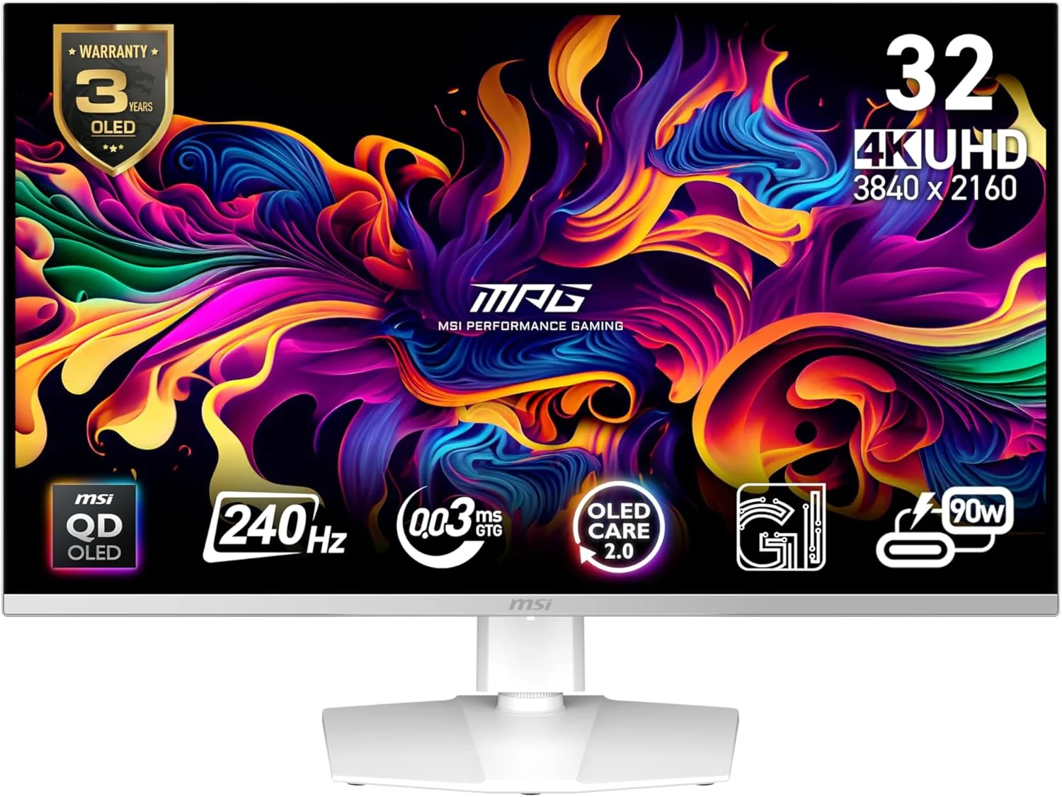 مانیتور کامپیوتر MSI MPG 321URXW QD-OLED سایز 32 اینچ با رزولوشن 3840 x 2160 (UHD)، نرخ تازه‌سازی 240 هرتز، Adaptive-Synch، پورت HDMI، پورت DP، قابلیت نصب VESA، قابلیت تنظیم شیب، بلندگو، 0.03ms، سفید