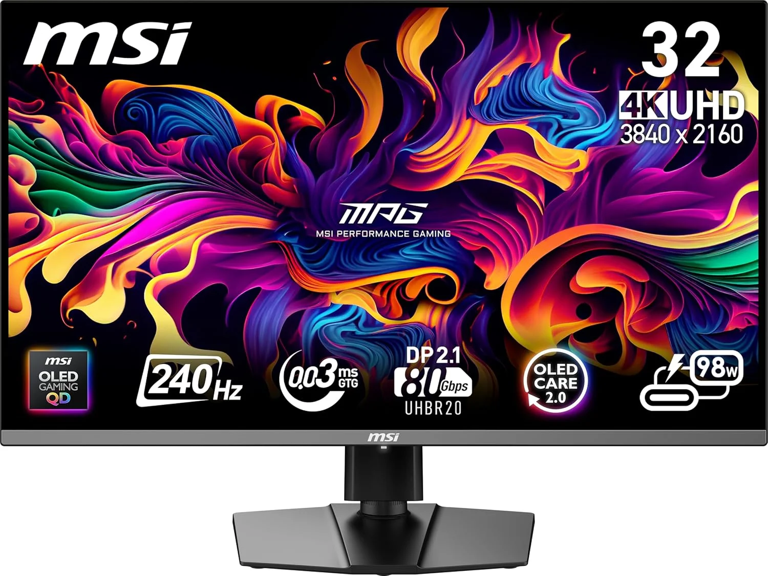 مانیتور گیمینگ ام اس آی MPG 322URX QD-OLED سایز 32 اینچ، رزولوشن 3840x2160 (UHD)، نرخ بروزرسانی 240 هرتز، Adaptive-Sync، پورت HDMI، پورت DP، قابلیت نصب VESA، قابلیت تنظیم شیب، دارای بلندگو، 0.03ms، مشکی