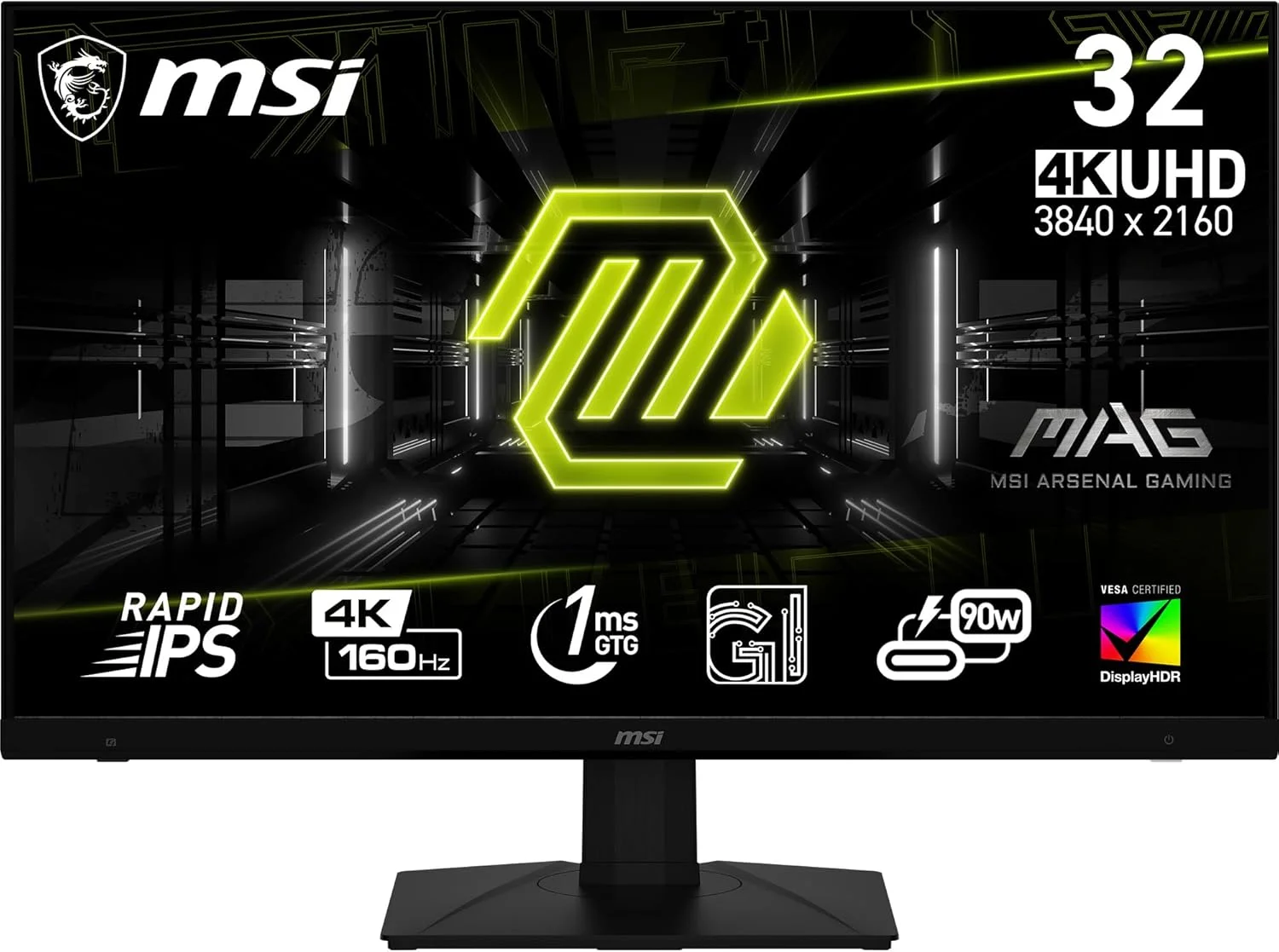 مانیتور 31.5 اینچی MSI MAG 322UPF با رزولوشن 3840x2160 (UHD)، نرخ تازه‌سازی 160 هرتز، Free-Sync، پورت HDMI، DisplayPort، پورت VGA، قابلیت نصب VESA، قابلیت تنظیم شیب، بلندگو، زمان پاسخگویی 1 میلی‌ثانیه، مشکی