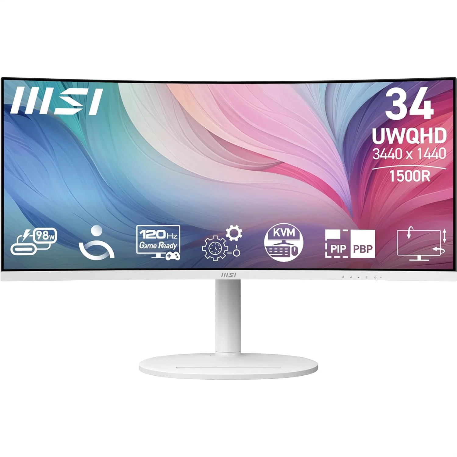 مانیتور کامپیوتر ام اس آی Modern MD342CQPW سایز 34 اینچ VA با رزولوشن 3440x1440 (UWQHD)، نرخ بروزرسانی 120 هرتز، انحنای 1800R، Adaptive-Sync، دارای پورت های HDMI، DP، USBC با توان 98 وات، KVM، قابلیت تنظیم ارتفاع، VESA، اسپیکر، زمان پاسخگویی 1 میلی ثانیه، رنگ سفید