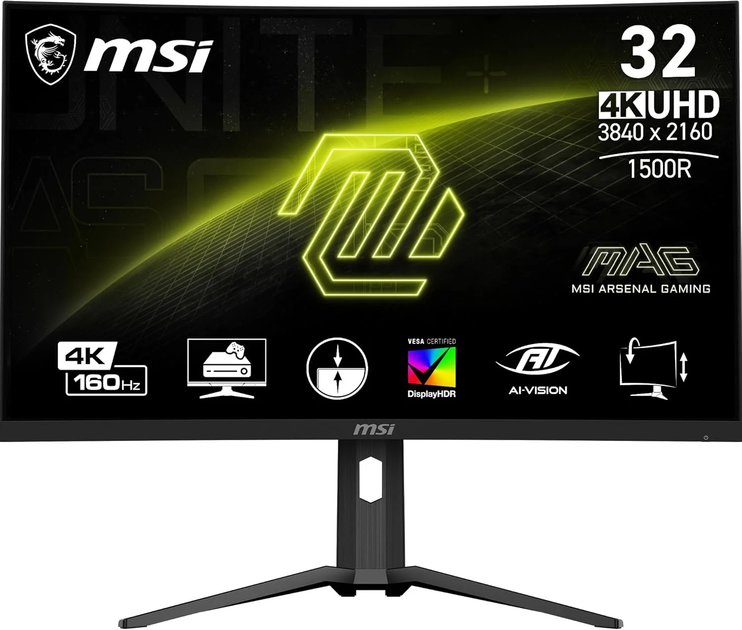 مانیتور گیمینگ خمیده 31.5 اینچی MSI MAG 321CUPDE - پنل VA با رزولوشن 3840x2160 UHD، نرخ نوسازی 160 هرتز / زمان پاسخگویی 1 میلی‌ثانیه، Adaptive Sync - DP 1.4a، USB Type-C (DP Old, w/ 15W PD)، HDMI 2.1 CEC