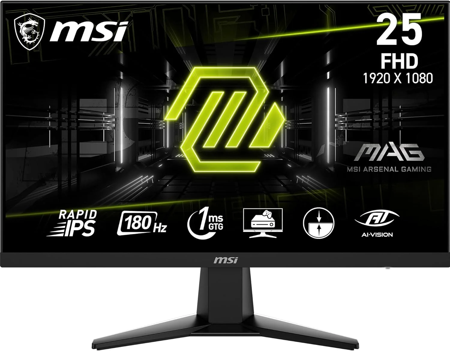 مانیتور کامپیوتر 25 اینچی MSI G256F با رزولوشن 1920x1080 (FHD)، نرخ تازه‌سازی 180 هرتز، Adaptive-Synch، دارای پورت HDMI و DisplayPort، قابلیت نصب VESA، قابلیت تنظیم ارتفاع و شیب، دارای بلندگو، زمان پاسخگویی 1 میلی‌ثانیه، رنگ مشکی
