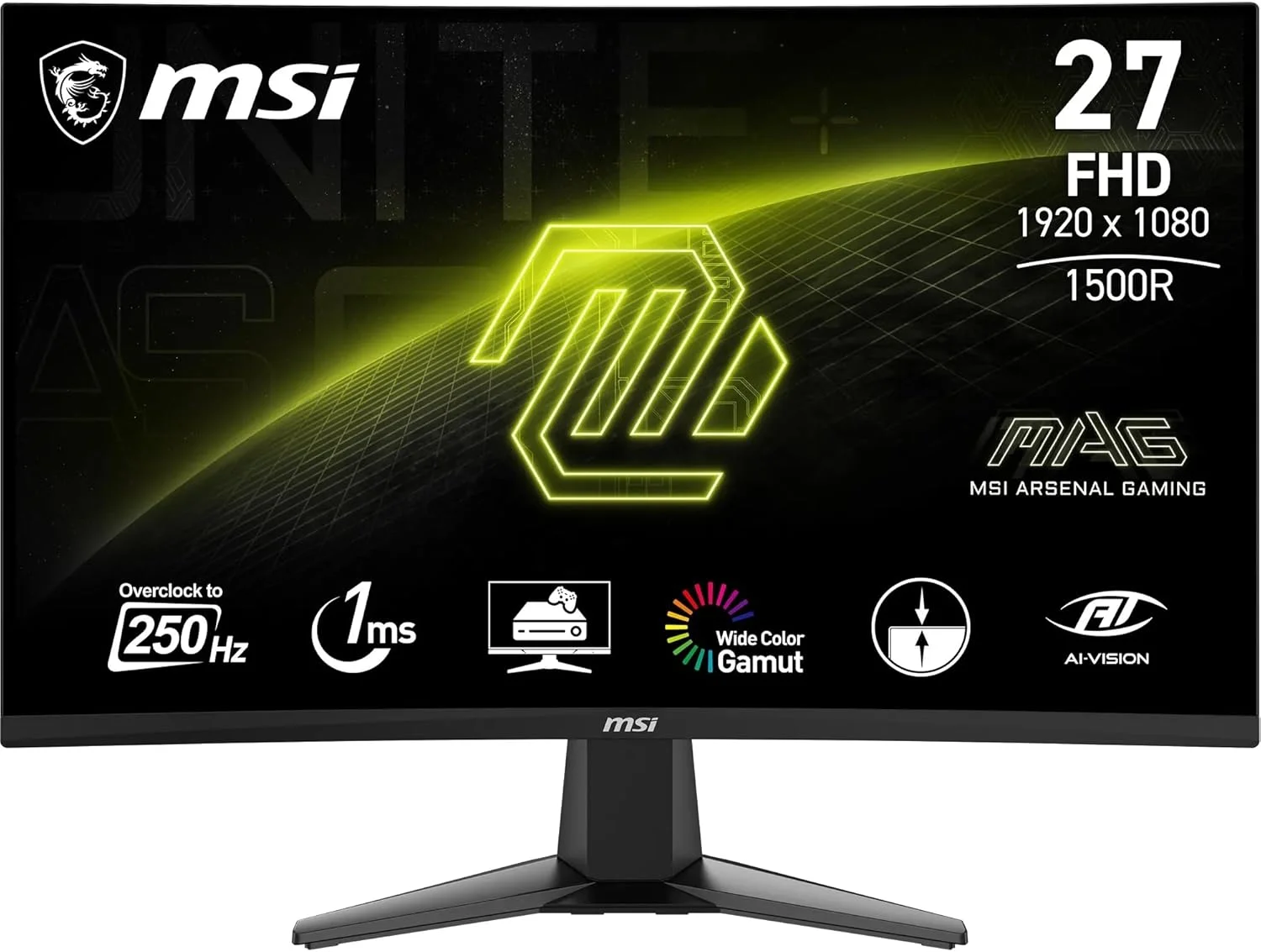 مانیتور گیمینگ خمیده 27 اینچی MSI MAG 27C6X – پنل VA با رزولوشن 1920x1080 و انحنای 1500R، نرخ نوسازی 250 هرتز (OC) / زمان پاسخگویی 1 میلی‌ثانیه، Adaptive-Sync – DP 1.2a, HDMI CEC