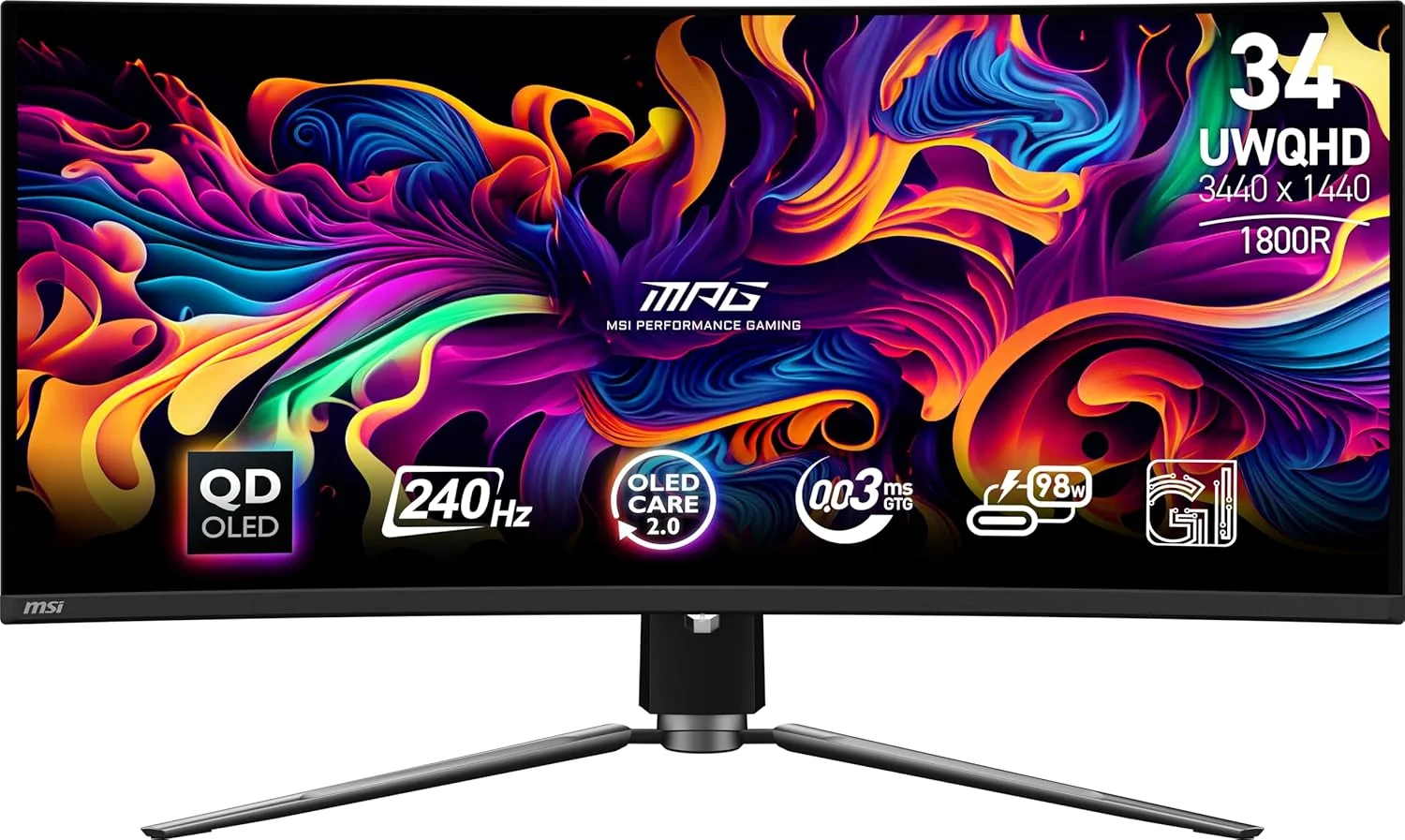 مانیتور گیمینگ خمیده اولد MSI MPG 341CQPX QD-OLED با اندازه 34 اینچ، رزولوشن 3440x1440 (UWQHD)، زمان پاسخگویی 0.03 میلی‌ثانیه، نرخ تازه‌سازی 240 هرتز، True Black HDR 400، دارای پورت HDMI، پورت DP، USB Type C، قابلیت تنظیم ارتفاع و شیب