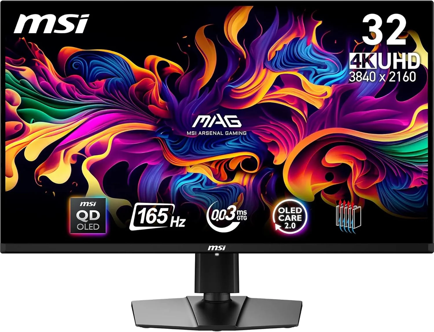 مانیتور گیمینگ MSI MAG 321UP QD-OLED سایز 31.5 اینچ 4K UHD - پنل Quantum Dot OLED با رزولوشن 3840x2160، نرخ تازه‌سازی 165 هرتز، زمان پاسخگویی 0.03 میلی‌ثانیه، DCI-P3، DisplayHDR True Black 400 - DP 1.4a، HDMI 2.1 (UHD 165Hz)، USB Type-C