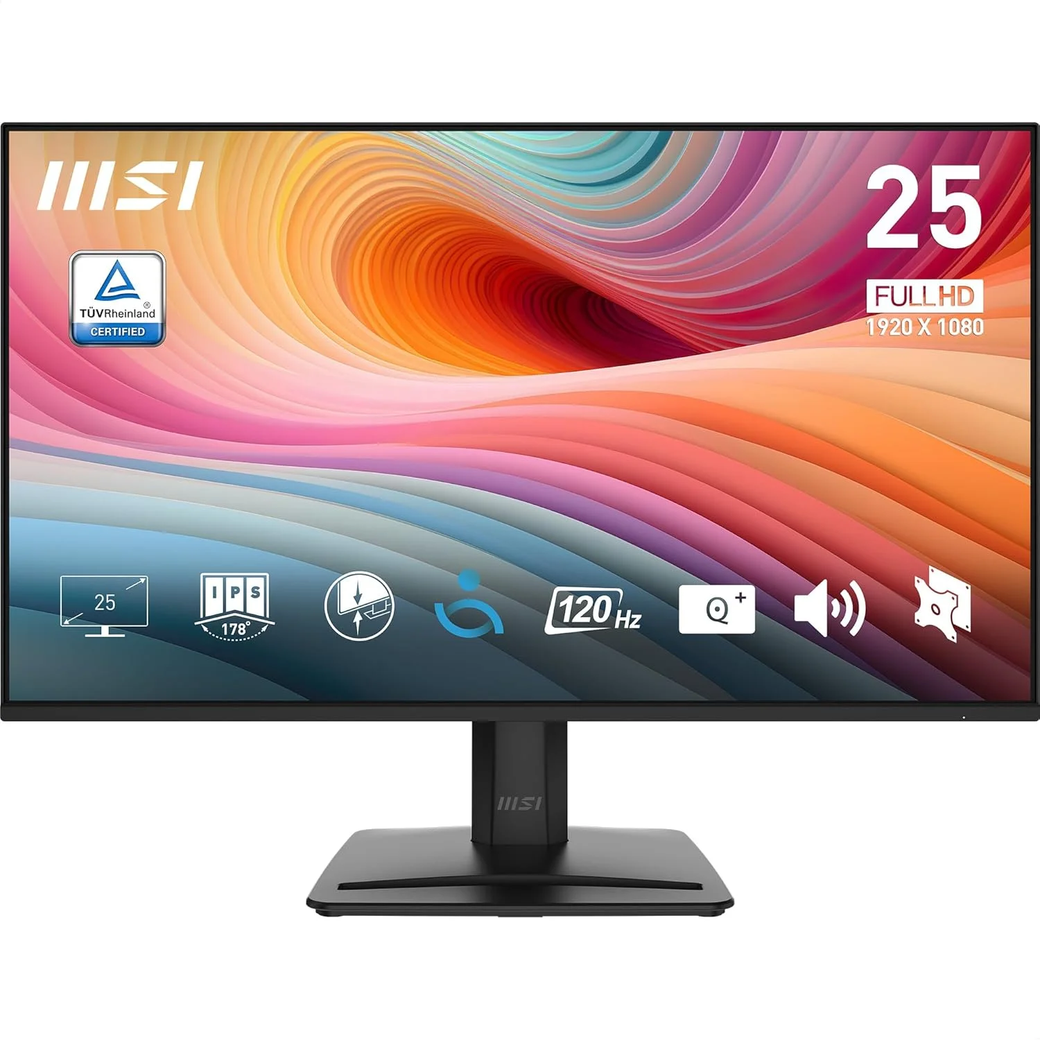 مانیتور 24.5 اینچی IPS ام اس آی PRO MP251 E2، رزولوشن 1920x1080 (FHD)، مناسب بازی و کاربری اداری، 120 هرتز، Adaptive-Synch، HDR Ready، دارای پورت های HDMI، VGA و Display Port، قابلیت نصب VESA، قابلیت تنظیم زاویه، دارای بلندگو، زمان پاسخگویی 1 میلی ثانیه، رنگ مشکی