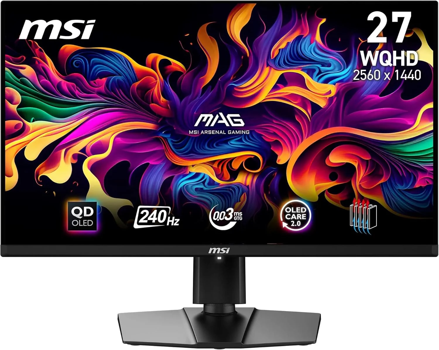 مانیتور گیمینگ MSI MAG 271QPX QD-OLED E2 سایز 26.5 اینچ WQHD – 2560 x 1440 با فناوری Quantum Dot OLED، نرخ بروزرسانی 240 هرتز / زمان پاسخگویی 0.03 میلی‌ثانیه، پوشش 99% فضای رنگی DCI-P3، ΔE≤2، DisplayHDR True Black 400 – DP 1.4a, HDMI™ 2.1, USB Type-C
