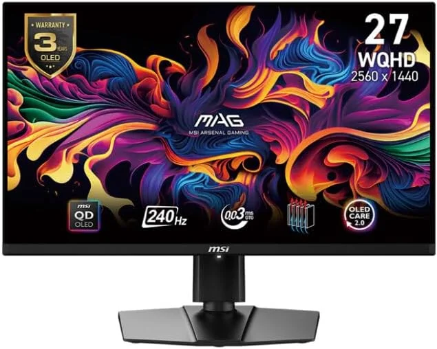 مانیتور گیمینگ 27 اینچی MSI MAG-271QPX QD-OLED، نرخ نوسازی 240 هرتز، زمان پاسخگویی 1 میلی‌ثانیه، رزولوشن 2560x1440 WQHD، نمایشگر Quantum Dot، HDR10، FreeSync Premium - مشکی