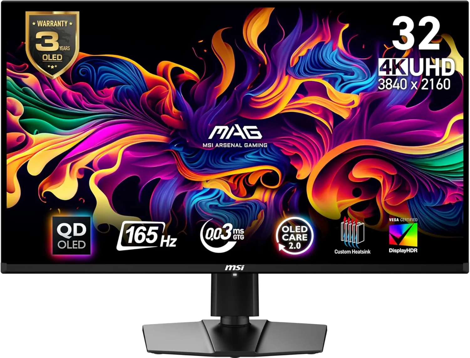 مانیتور کامپیوتر MSI MAG 321UP QD-OLED سایز 32 اینچ QD-OLED با رزولوشن 3840 x 2160 (UHD)، نرخ تازه‌سازی 165 هرتز، Adaptive-Synch، دارای پورت HDMI، پورت Display، پورت VGA، قابلیت نصب VESA، قابلیت تنظیم شیب و ارتفاع، دارای بلندگو، زمان پاسخگویی 0.03 میلی‌ثانیه، مشکی