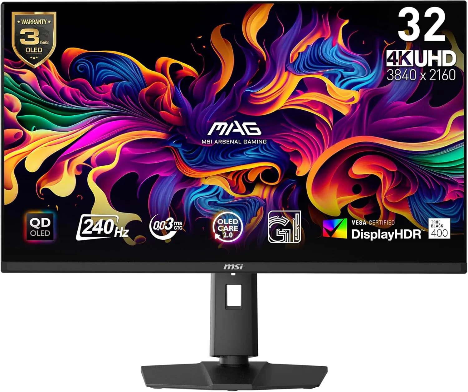 مانیتور گیمینگ 32 اینچ MSI MAG 321UPX QD-OLED، رزولوشن 4K UHD، فناوری Quantum Dot OLED، ابعاد 3840x2160، زمان پاسخگویی 0.03 میلی‌ثانیه، نرخ بروزرسانی 240 هرتز، True Black HDR 400، پورت USB Type C با توان 90 وات، HDMI، پورت DP