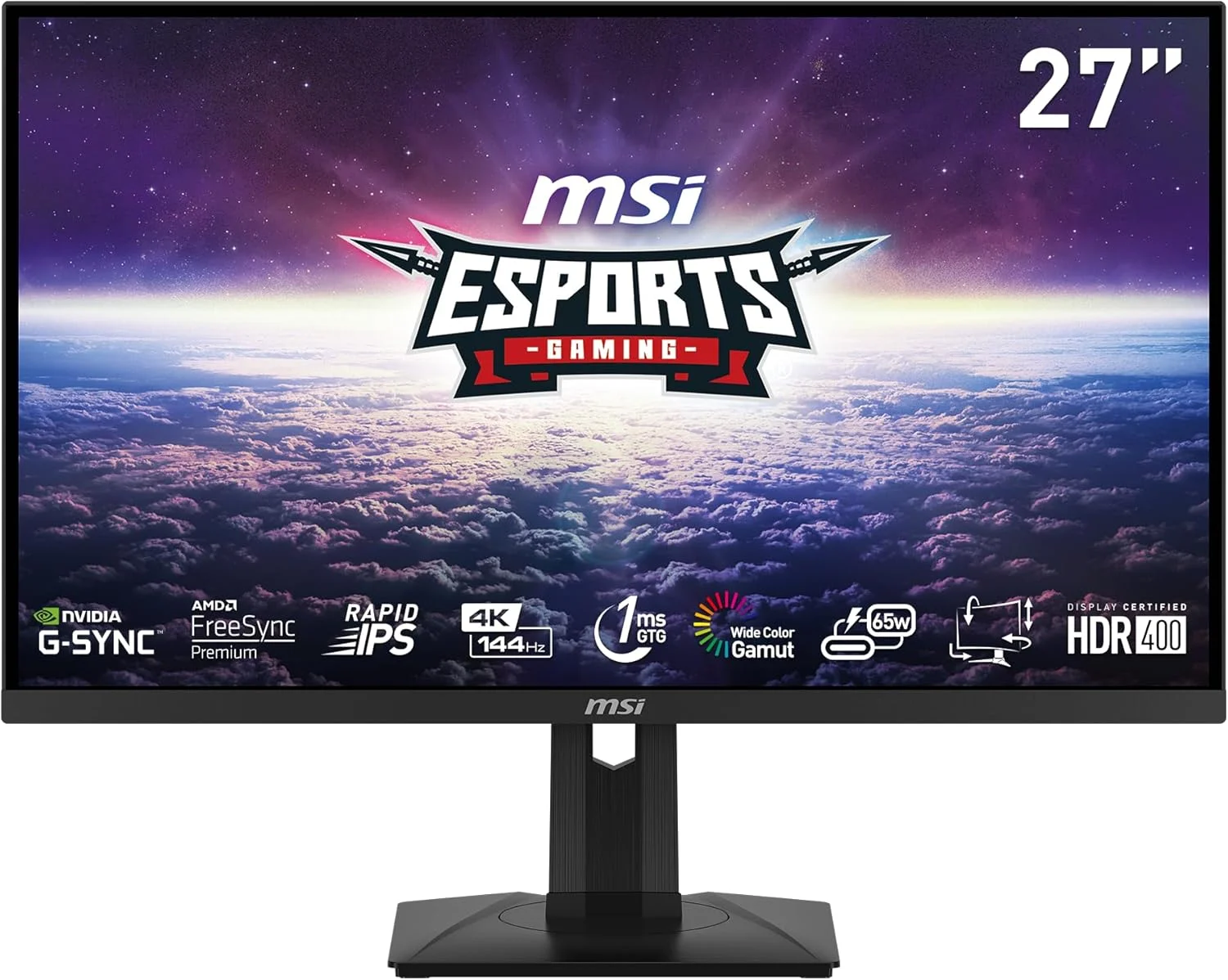 مانیتور گیمینگ ام اس آی MAG274UPF، ۲۷ اینچ 3840x2160 (UHD) ، پنل Rapid IPS، ۱ میلی‌ثانیه، ۱۴۴ هرتز، FreeSync Premium، HDR400، سازگار با G-Sync، HDMI، DisplayPort، قابلیت تنظیم شیب، چرخش، محور و ارتفاع، مشکی