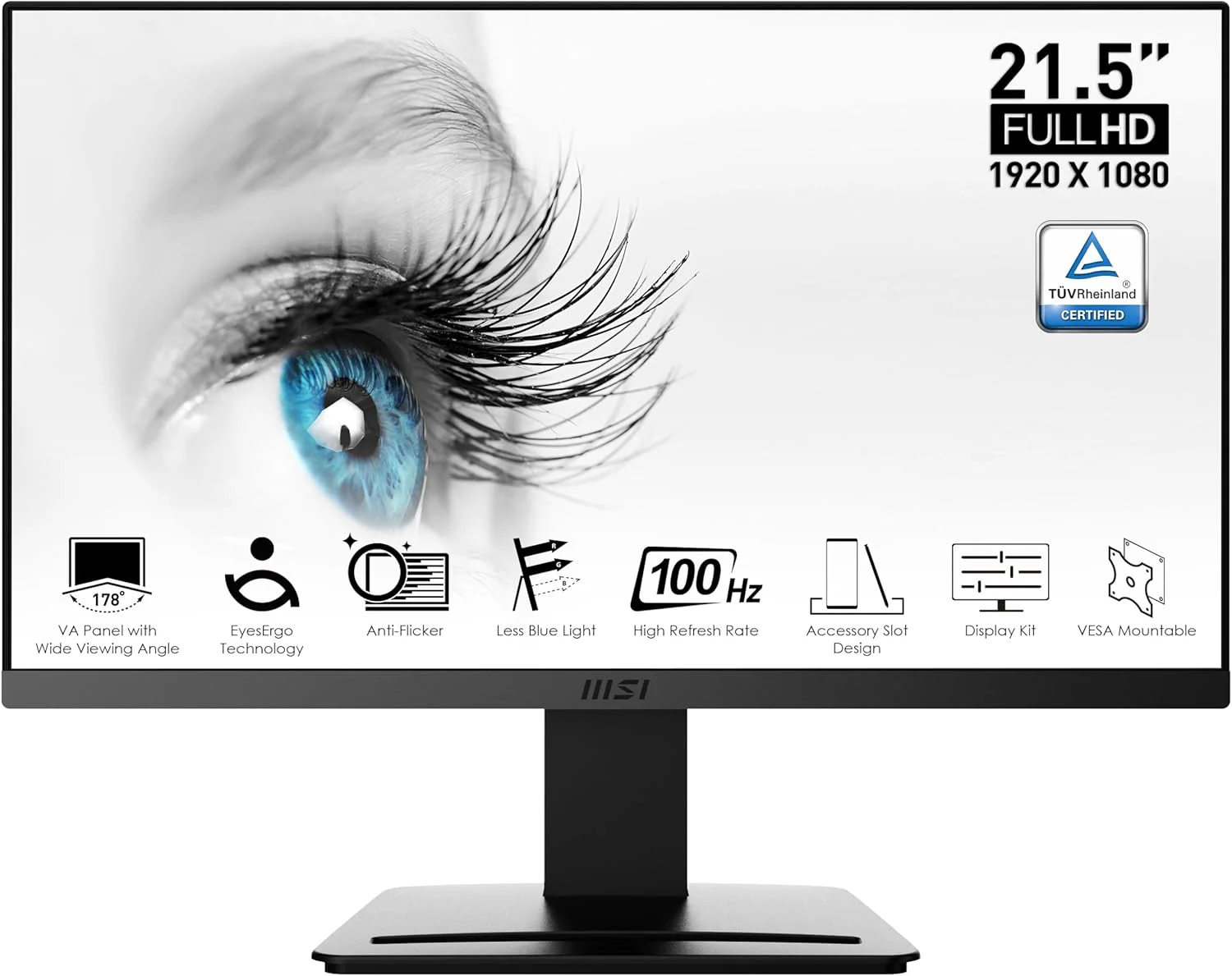 مانیتور کامپیوتر 22 اینچی MSI PRO MP223، VA با رزولوشن 1920x1080 (FHD)، نرخ نوسازی 100 هرتز، Adaptive-Synch، دارای پورت HDMI و پورت ویدیو، قابلیت نصب VESA، نور آبی کمتر، قابلیت تنظیم زاویه، 1 میلی‌ثانیه، مشکی