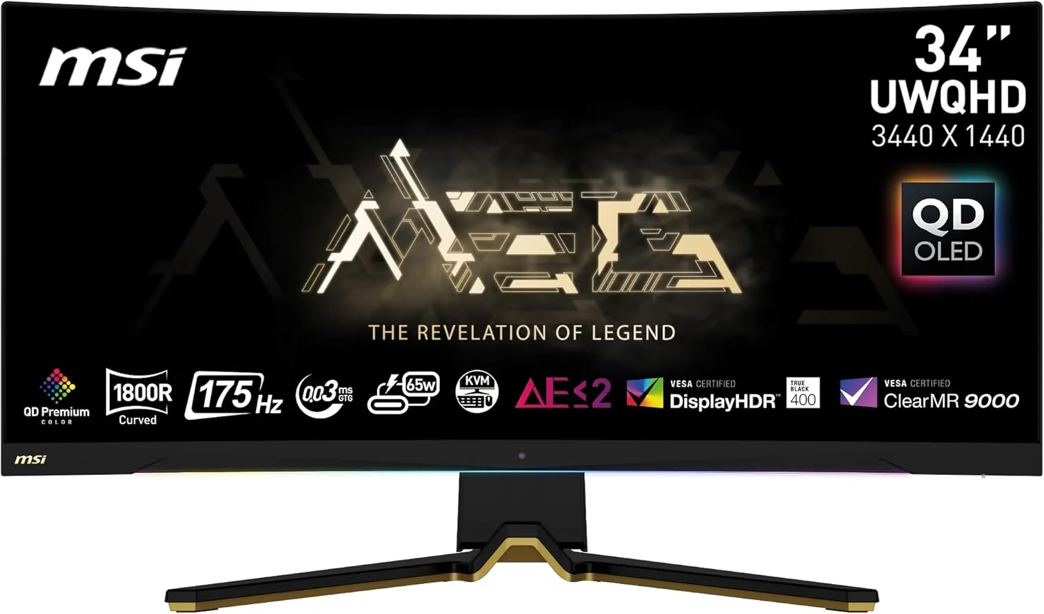 مانیتور گیمینگ خمیده 34 اینچی MSI MEG 342C QD OLED، رزولوشن 3440x1440 (UWQHD)، پنل OLED، زمان پاسخگویی 0.1 میلی‌ثانیه، نرخ تازه‌سازی 175 هرتز، FreeSync Premium، HDR 400، پورت HDMI، پورت DP، USB Type C، قابلیت تنظیم ارتفاع و شیب