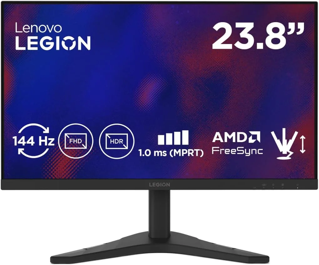 مانیتور گیمینگ 23.8 اینچی Lenovo Legion R24s FHD (1920 x 1080) IPS، زمان پاسخگویی 1 میلی‌ثانیه MPRT، نرخ تازه‌سازی 144 هرتز، اتصالات HDMI 2.1 و DisplayPort 1.2، شامل کابل DisplayPort - مشکی کلاغی