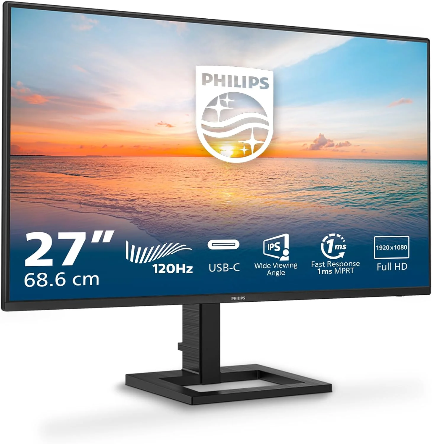 مانیتور 27 اینچی فیلیپس مدل 27E1N1300AM - FHD، با قابلیت تنظیم ارتفاع، دارای بلندگو (1920x1080، 100 هرتز، HDMI، USB-C (توان 65 وات)، هاب USB) مشکی
