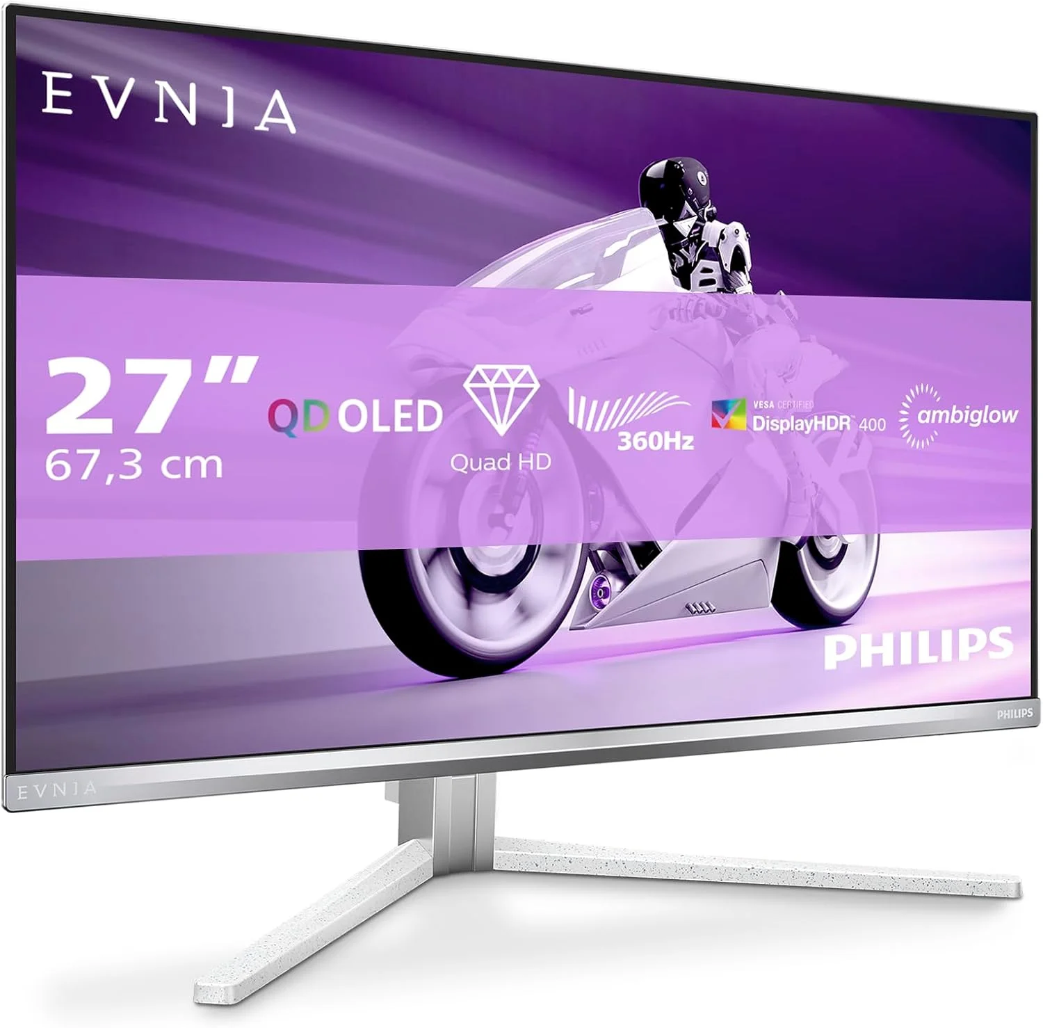 مانیتور گیمینگ فیلیپس Evnia 27M2N8500 - QHD OLED 27 اینچ، 360 هرتز، 0.03 میلی‌ثانیه، HDR400، FreeSync. Prem.، G-Sync composition. (2560x1440، 2x HDMI 2.1، 1x DP 1.4، هاب USB) سفید
