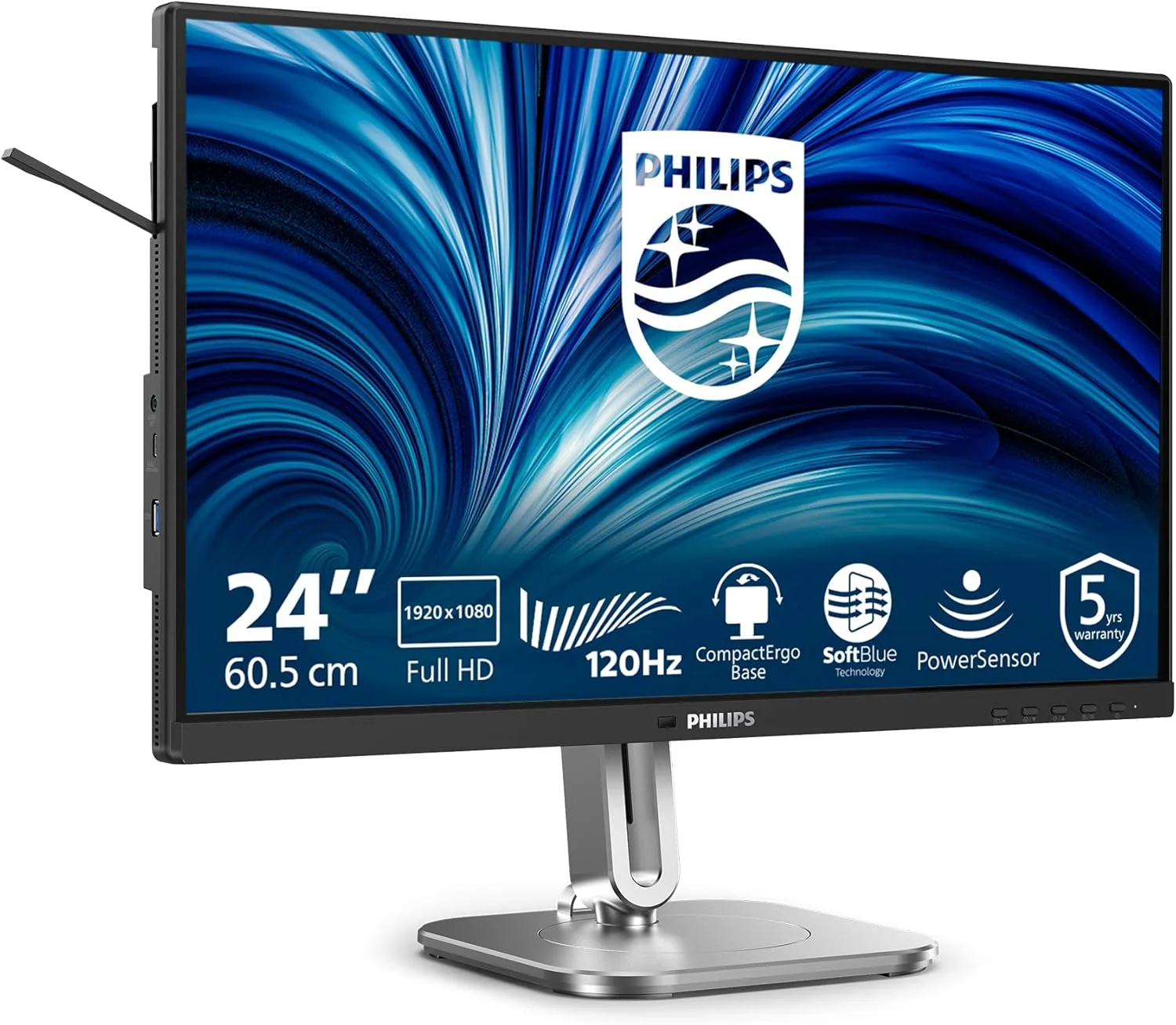 مانیتور 24 اینچی فیلیپس مدل 24B2N4200 با کیفیت FHD، بلندگو، قابلیت تنظیم ارتفاع (1920x1080، 120 هرتز، VGA، HDMI 1.4، DisplayPort 1.2، هاب USB) مشکی خاکستری