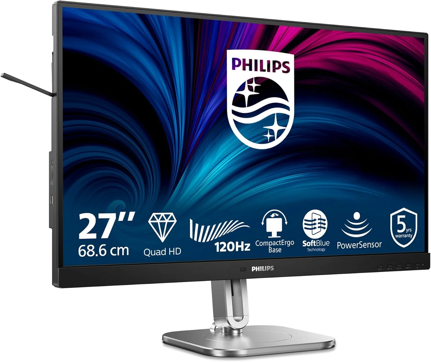مانیتور 27 اینچی فیلیپس مدل 27B2N4500 با کیفیت QHD، بلندگو، قابلیت تنظیم ارتفاع و Adaptive Sync (2560x1440, 120 هرتز، 2x HDMI 2.0, DisplayPort 1.2, USB Hub) مشکی خاکستری