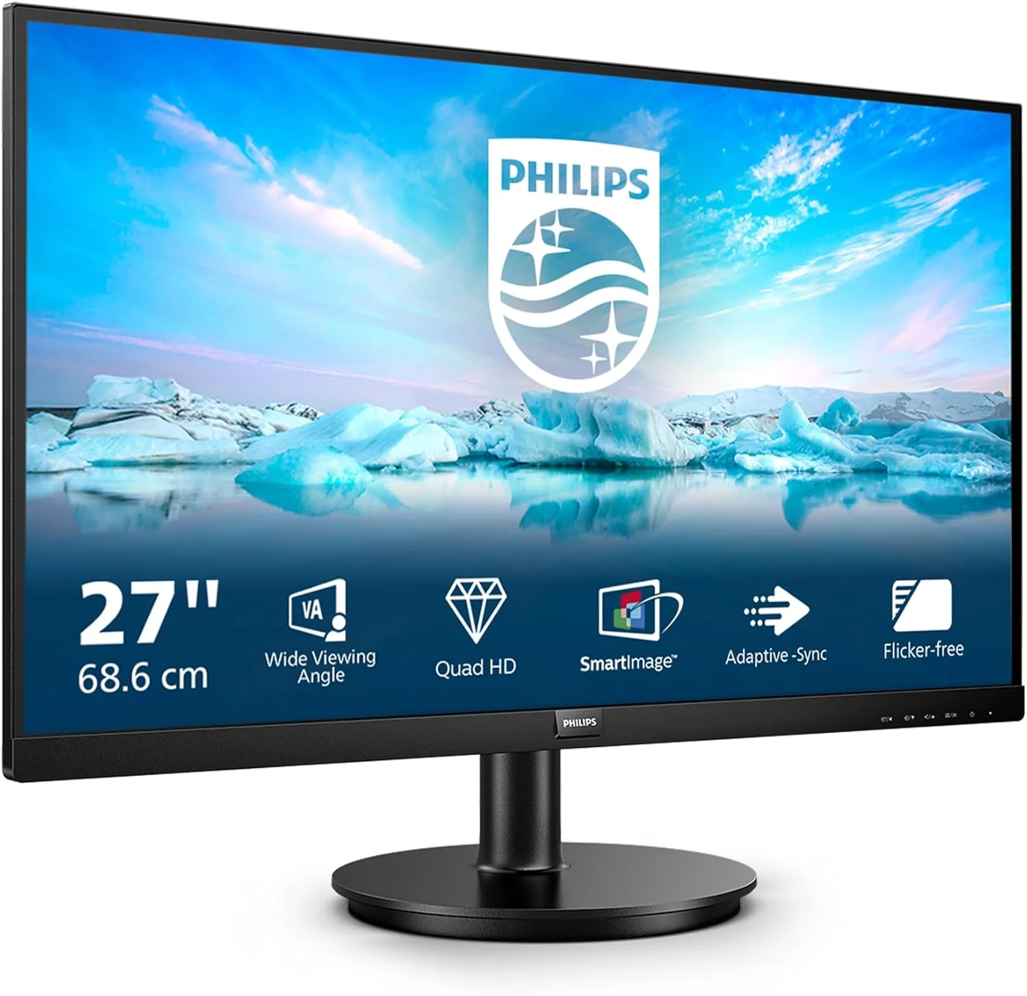 مانیتور 27 اینچی فیلیپس مدل 275V8LA - QHD، پنل VA، زمان پاسخگویی 4 میلی‌ثانیه، نرخ تازه‌سازی 75 هرتز، Adaptive Sync، Low Blue Mode، Flicker Free، بلندگو، Vesa 100، قابلیت Tilt (رزولوشن 2560x1440 در 75 هرتز، روشنایی 250 cd/m²، HDMI 1.4 / DP 1.2)