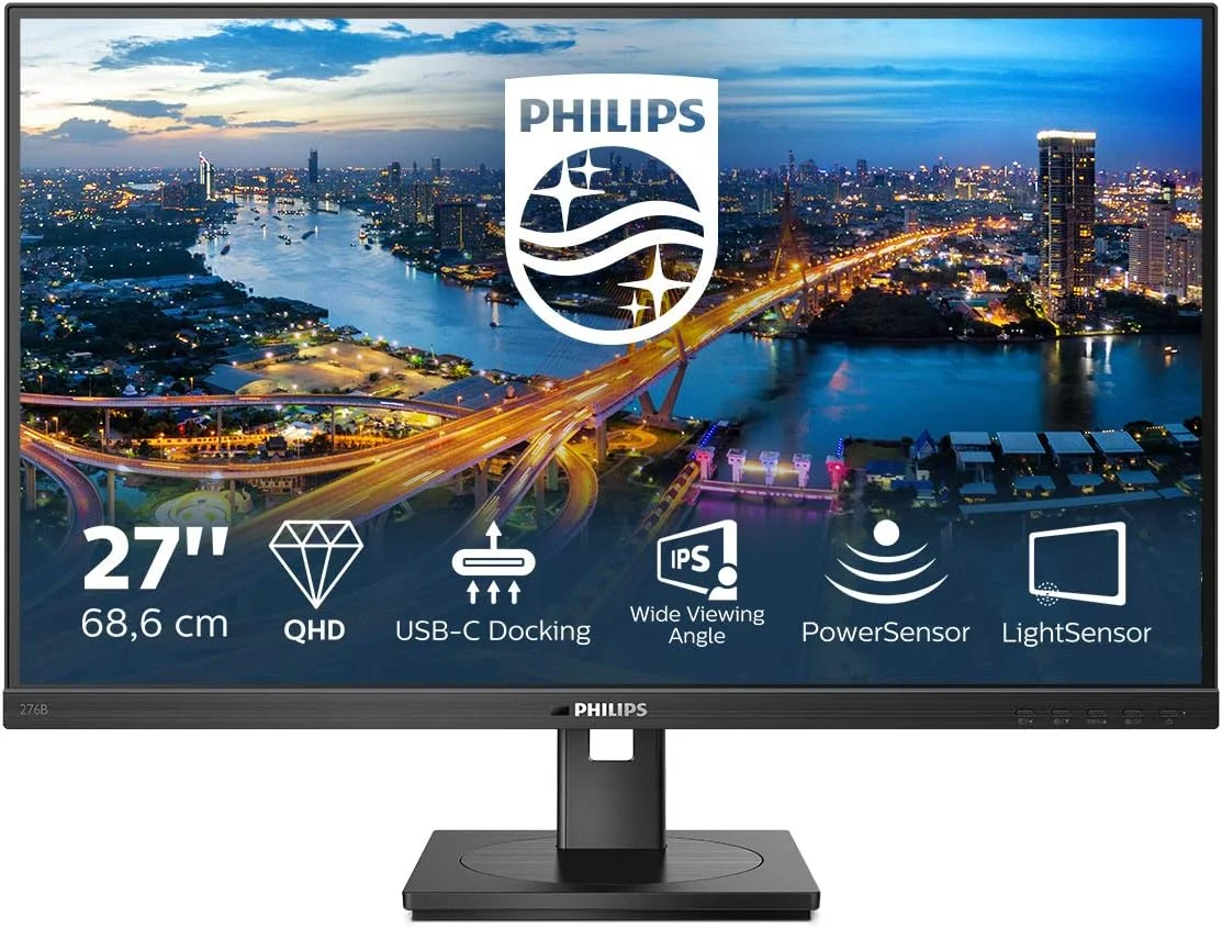 مانیتور 27 اینچی Philips 276B1 با کیفیت QHD، نرخ نوسازی 75 هرتز، زمان پاسخگویی 4 میلی‌ثانیه، پنل IPS، داک USB-C، بلندگوها، قابلیت تنظیم ارتفاع، حسگر نور (2560x1440, 300 cd/m², HDMI/DP/USB-C/USB 3.2, RJ45)