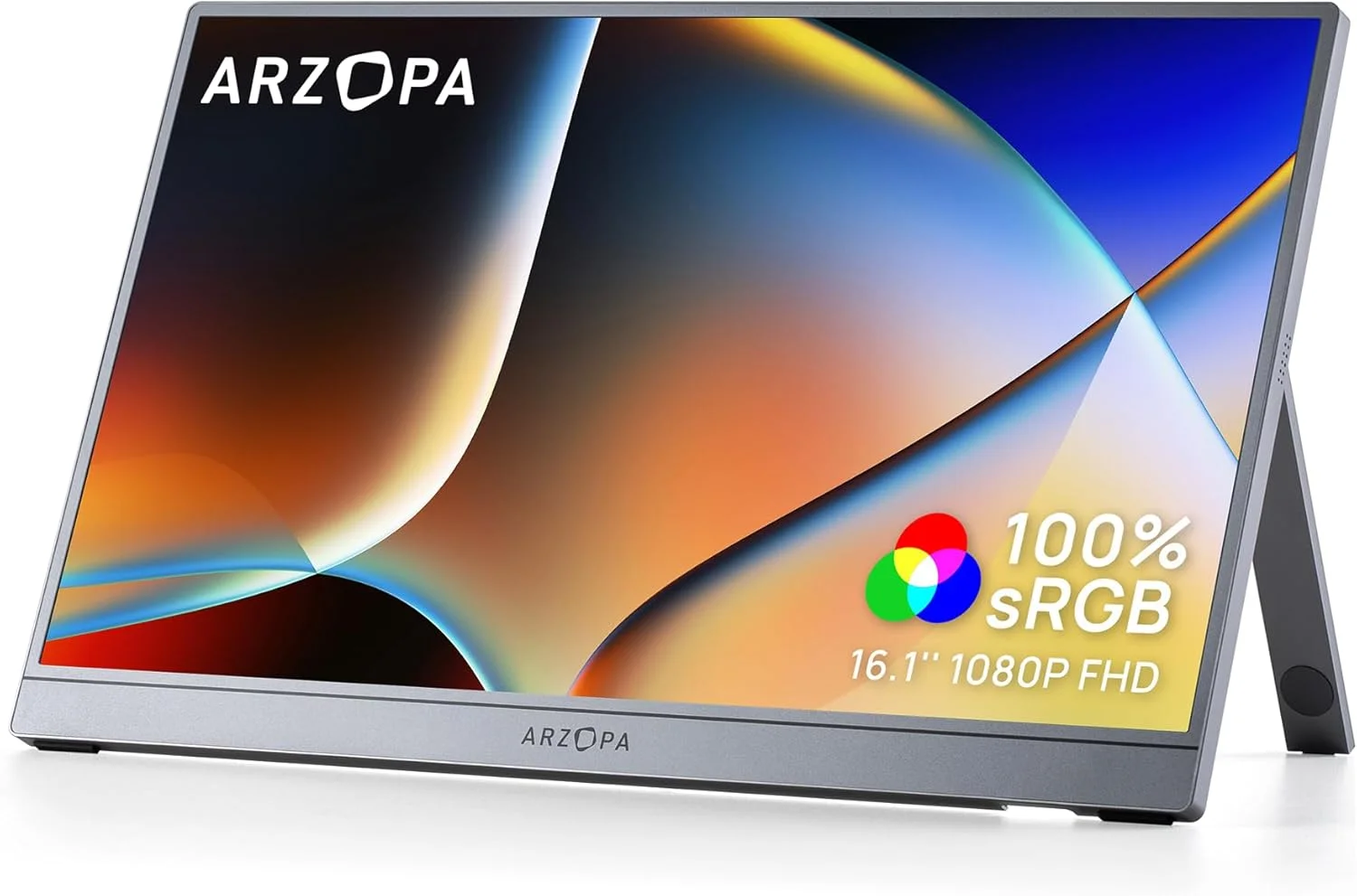 مانیتور قابل حمل 16.1 اینچی ARZOPA، رزولوشن 1080P FHD با پوشش 100% sRGB، مجهز به پایه نگهدارنده، نمایشگر IPS با طیف رنگی گسترده و محافظت از چشم - مدل Z1C خاکستری