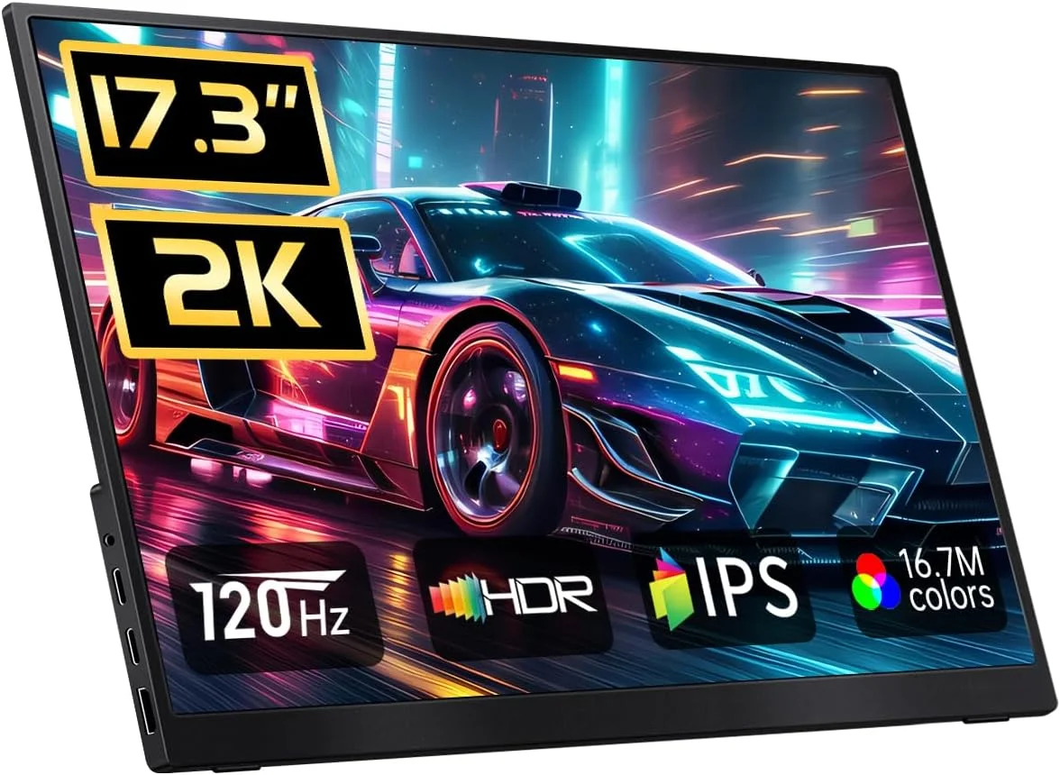 مانیتور قابل حمل 2K 120Hz، اندازه 17.3 اینچ QHD 2560x1440P با پوشش 100% DCI-P3، مانیتور گیمینگ فوق العاده باریک مسافرتی با پایه، صفحه نمایش خارجی USB-C HDMI HDR برای لپ تاپ PC مک ایکس باکس سوییچ PS5/4