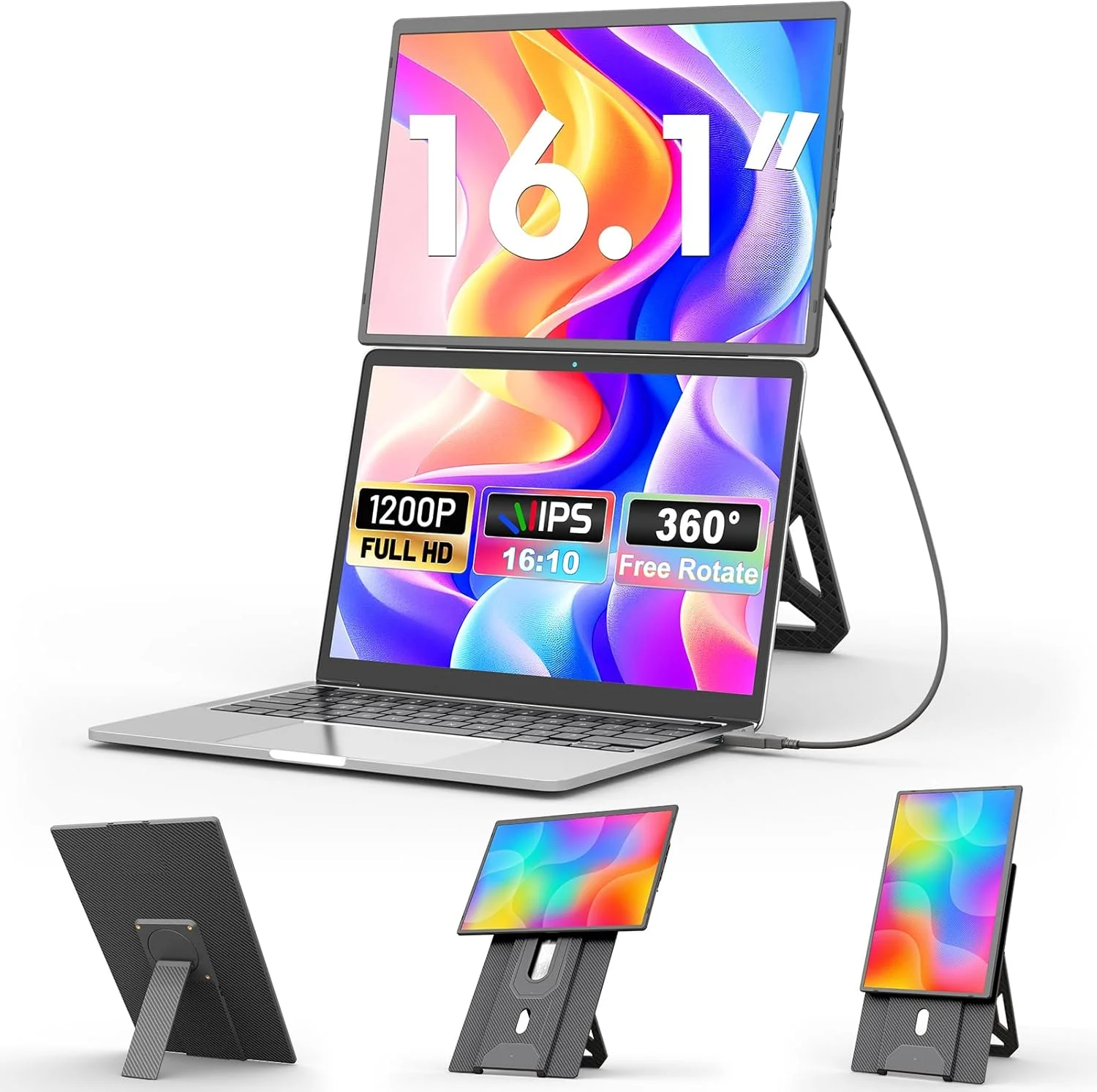 مانیتور قابل حمل 16 اینچی domyfan برای لپ تاپ FHD 1200P، پایه مغناطیسی 360 درجه، نمایشگر مسافرتی قابل جابجایی برای لپ تاپ های 13-17.3 اینچی، اتصال آسان برای ویندوز/مک/کامپیوتر/ایکس باکس