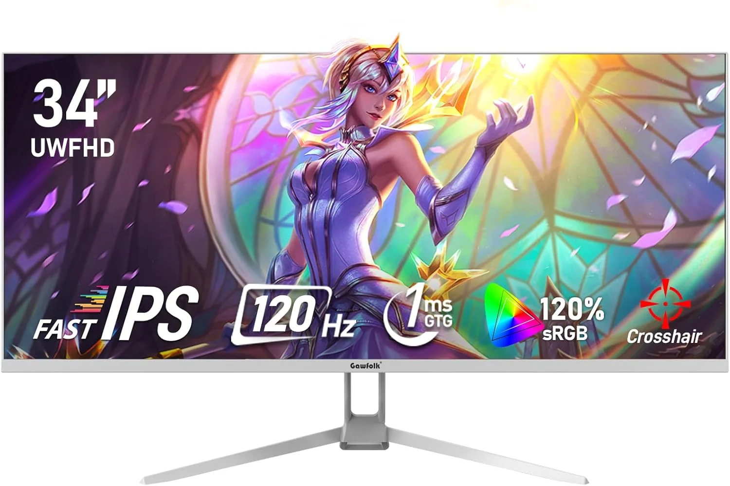 مانیتور کامپیوتر گیمینگ فوق عریض 34 اینچی IPS گاوفولک، 120 هرتز، صفحه نمایش PC با نسبت تصویر 21:9 UWFHD (2560x1080)، پوشش 128% sRGB، Adaptive Sync، زاویه دید 178 درجه، دارای Display Port و HDMI، سازگار با نصب دیواری - سفید