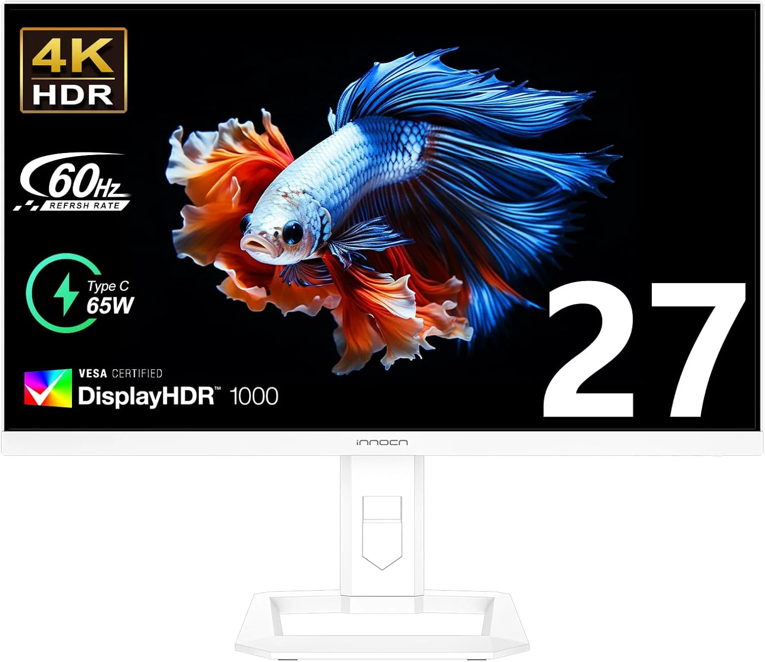 مانیتور 27 اینچ مینی ال ای دی 4K اینوسن، HDR1000، پوشش 99% DCI-P3 و 99% sRGB، نمایش 1.07 میلیارد رنگ، پنل IPS، پورت USB-C، پورت HDMI 2.1، پورت DP، دارای بلندگو، تنظیم روشنایی خودکار، قابلیت تنظیم ارتفاع، قابلیت نصب دیواری، سفید