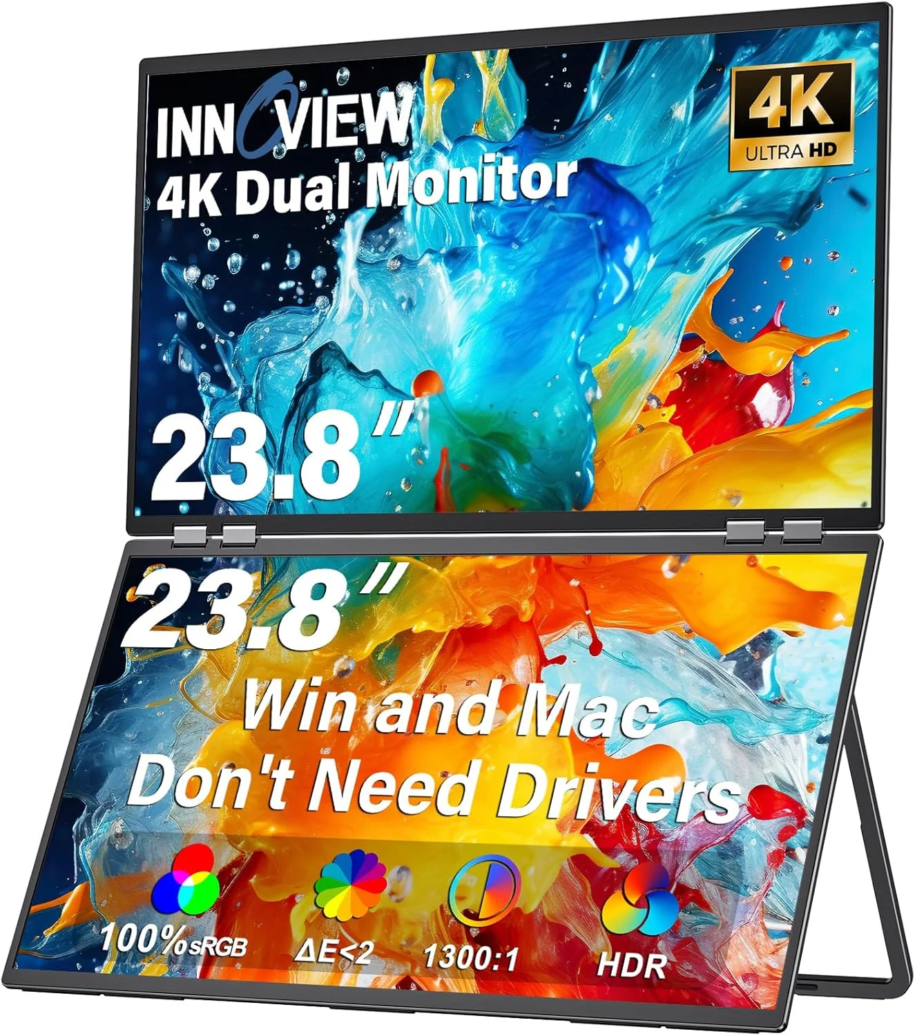 مانیتور تاشو دوگانه 23.8 اینچی InnoView، پوشش 100% sRGB، رزولوشن 3840x2160P 4K، با قابلیت تنظیم 315 درجه، مانیتور تاشو دوگانه انباشته، دارای بلندگوهای داخلی، توسعه دهنده صفحه نمایش با HDMI/USB-C/DP برای لپ تاپ ویندوز و مک